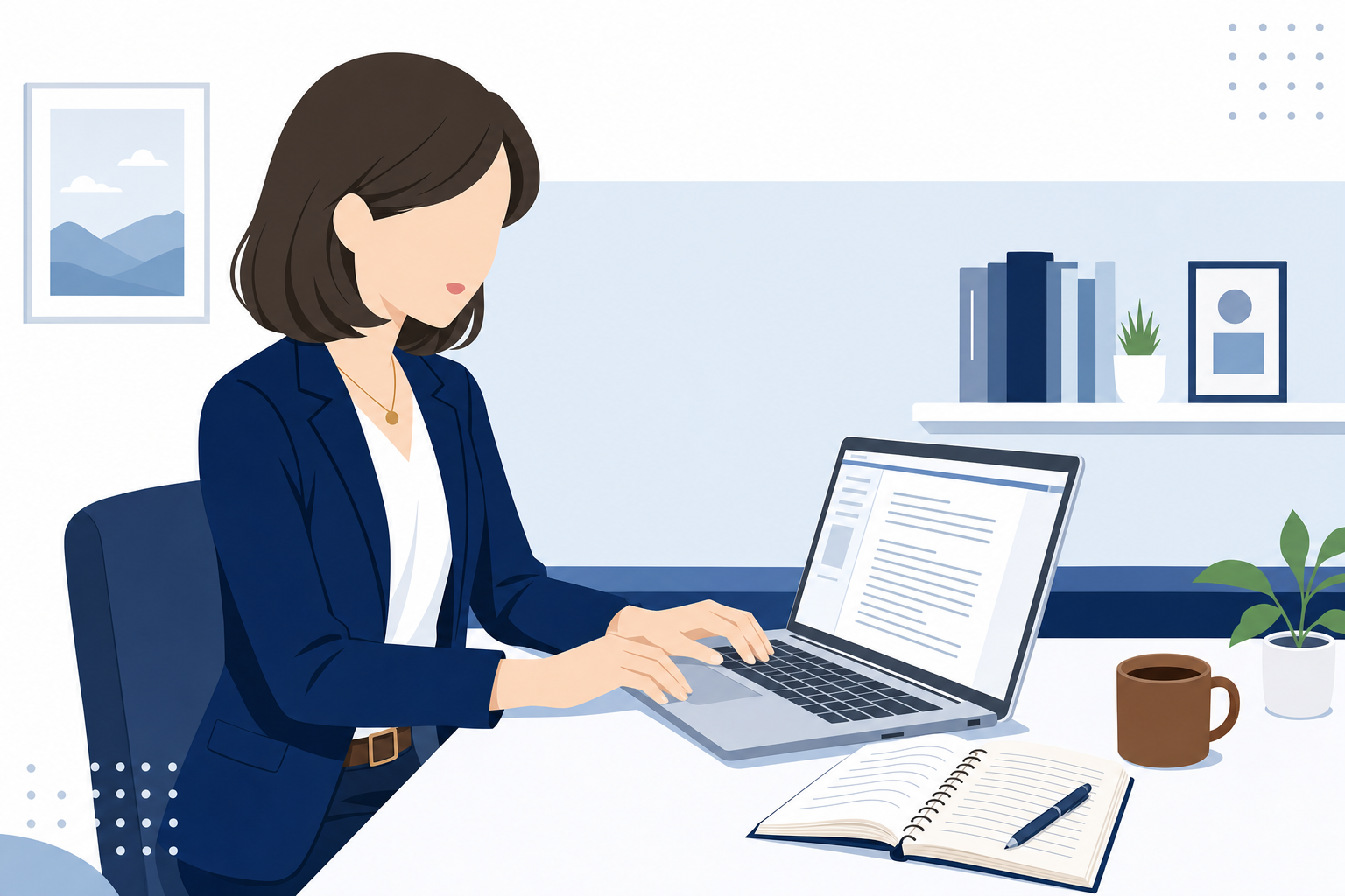 記事を書きながらメモを取る女性のデスク作業シーン
