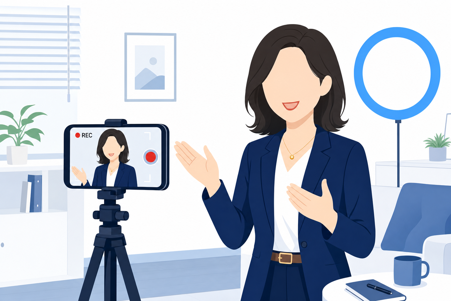 自宅の明るい部屋でスマホに向かって話す女性のYouTube撮影イメージ