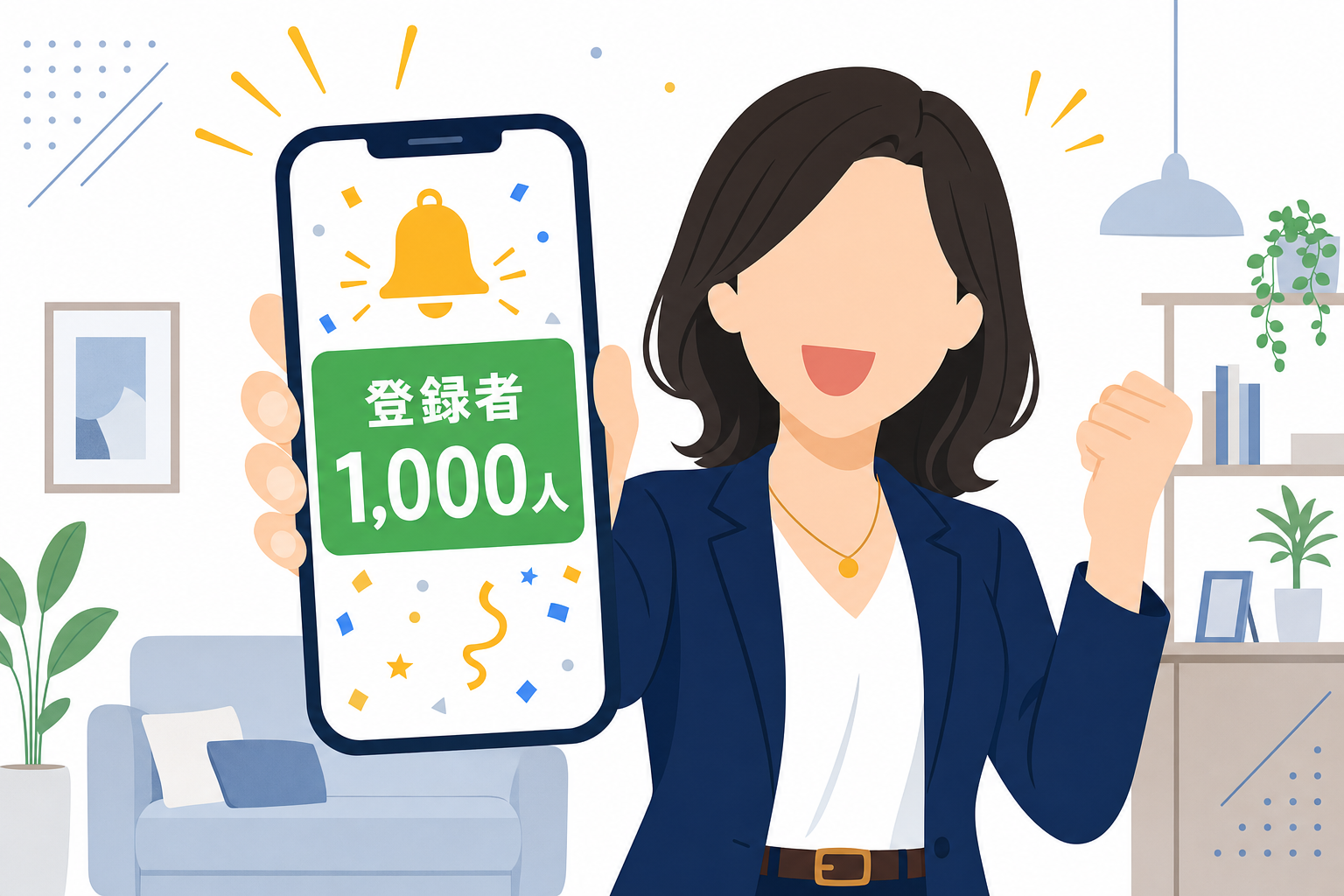 チャンネル登録者1000人到達の通知が届いたスマホを手に喜ぶ女性のイメージ