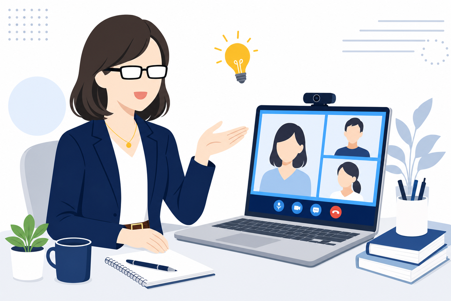 PCの画面越しにオンラインで話す女性講師のイメージ