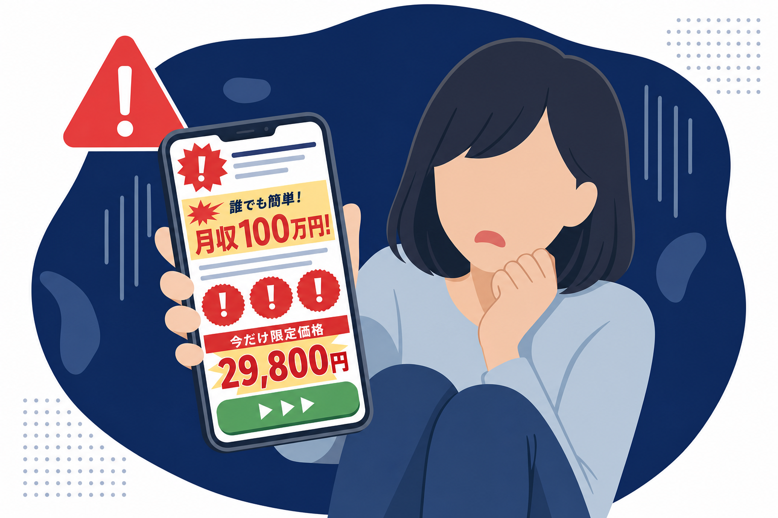 副業情報を見てスマホを持ちながら不安そうな表情をする女性のイメージ