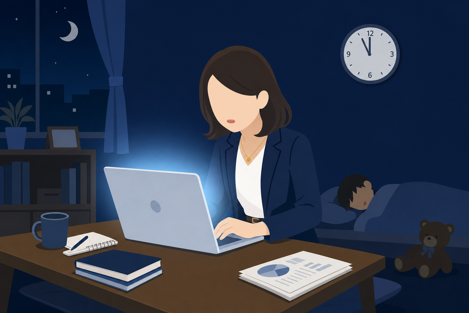 子どもが寝た後の深夜にPCを開く女性のシーン