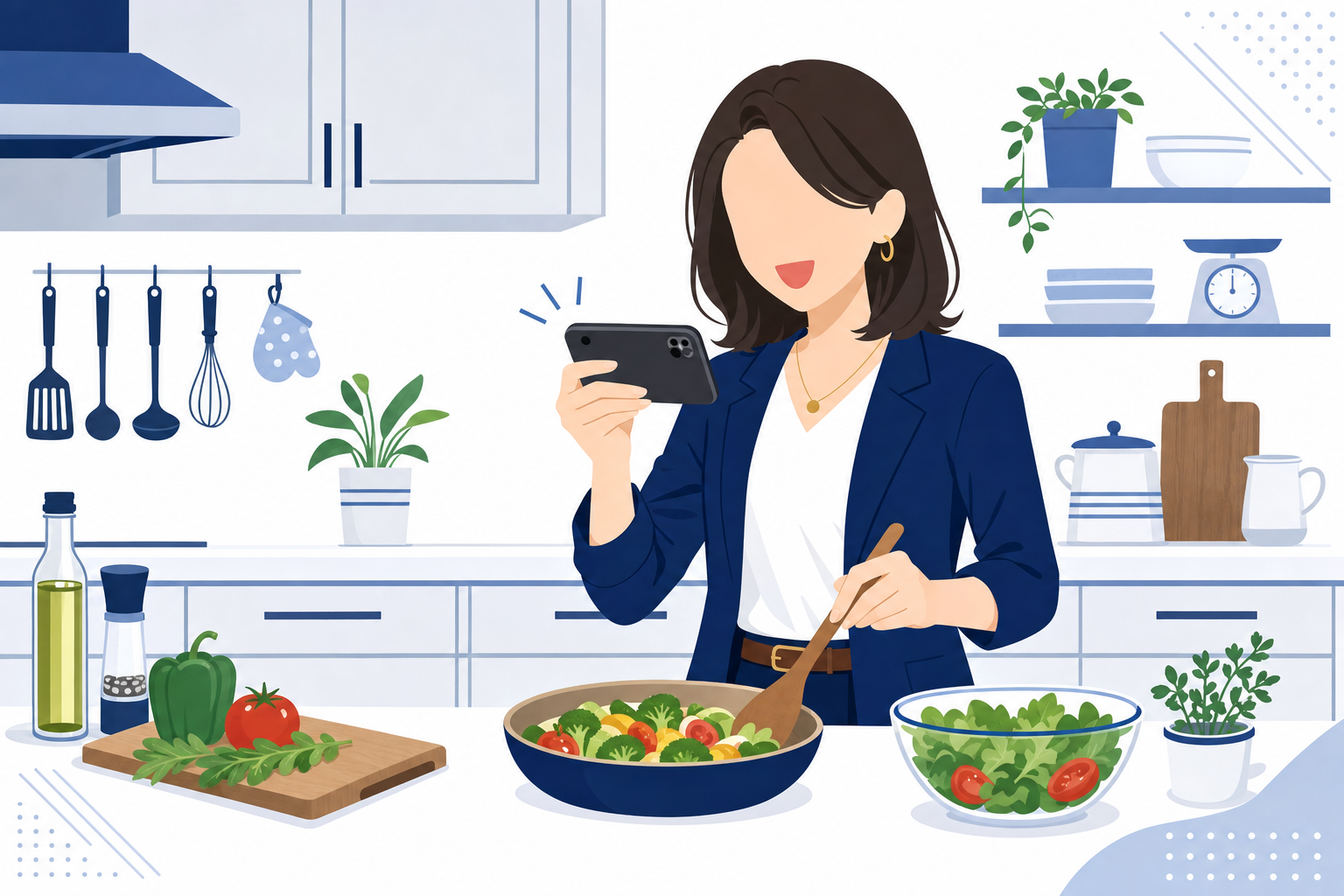 キッチンで料理しながらスマホで撮影する女性のイメージ