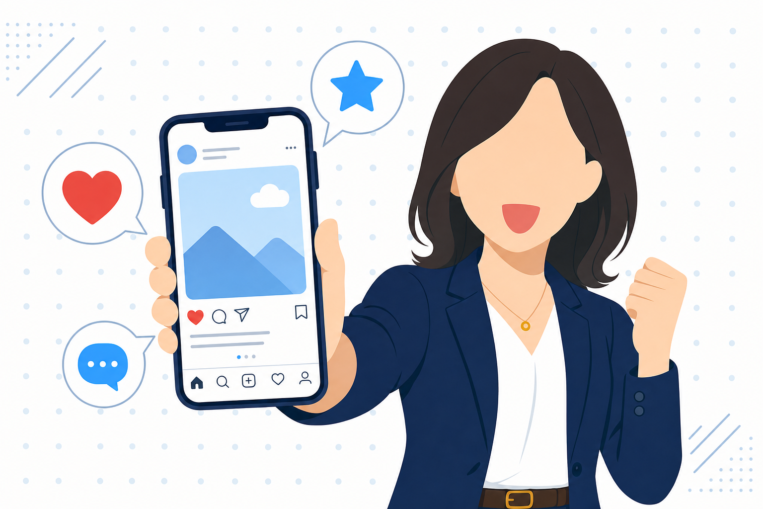 資格なしの主婦がSNSで経験を発信しているイメージ