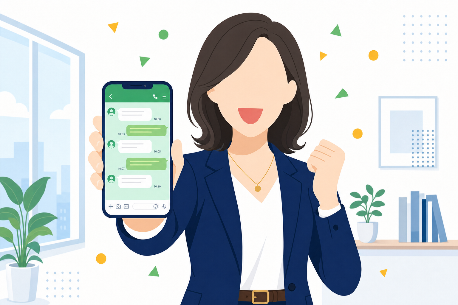 笑顔でスマホのLINEを開く女性のイメージ。明るい雰囲気で「一歩踏み出した」感