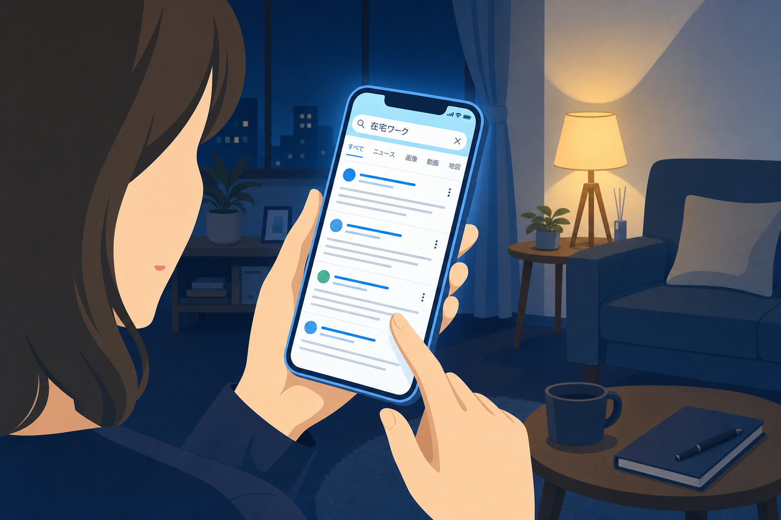 夜のリビングでスマートフォンを手に「在宅ワーク 未経験 安全」と検索している30代の日本人女性の手元。画面には検索結果が映り、薄暗い部屋の照明が背景に見える