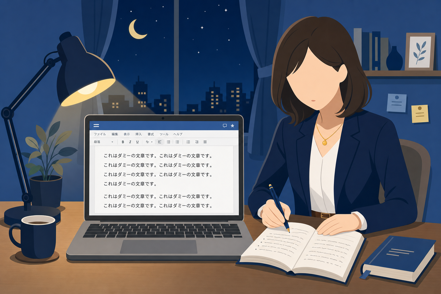 夜の自宅デスクでノートパソコンに向かい、真剣な表情でWeb記事を書いている30代の日本人女性。手元にメモと参考書籍が広げられている