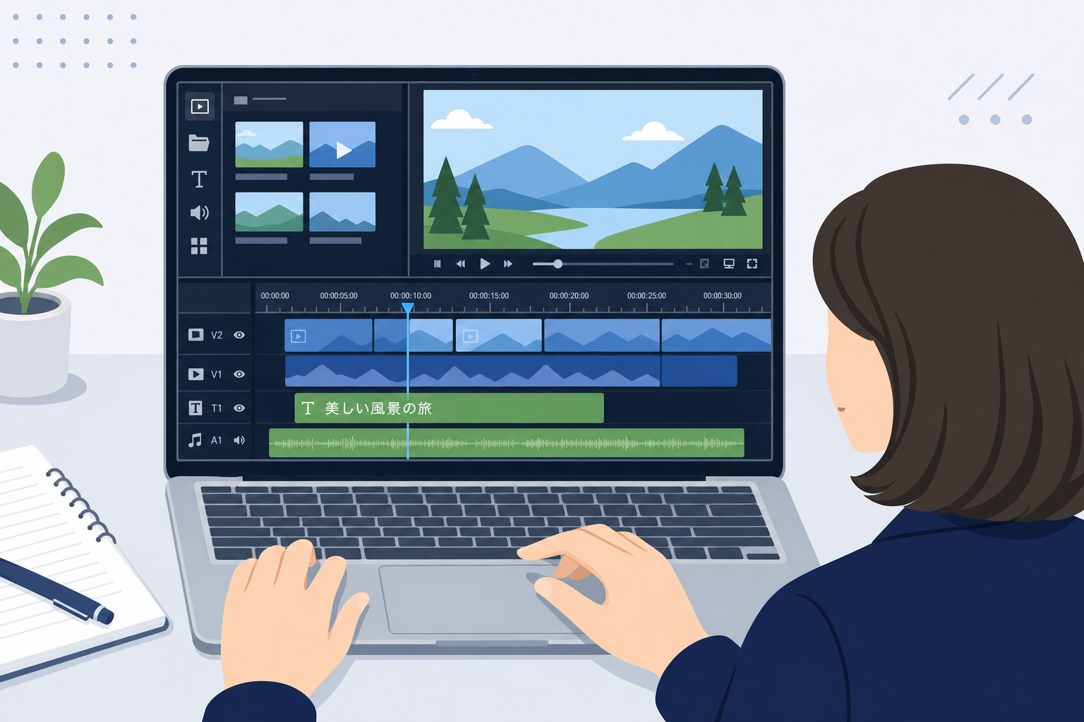 ノートパソコンで動画編集ソフトを操作し、タイムラインにテロップを入れている30代の日本人女性の手元。画面にはYouTube用の動画編集画面が映っている