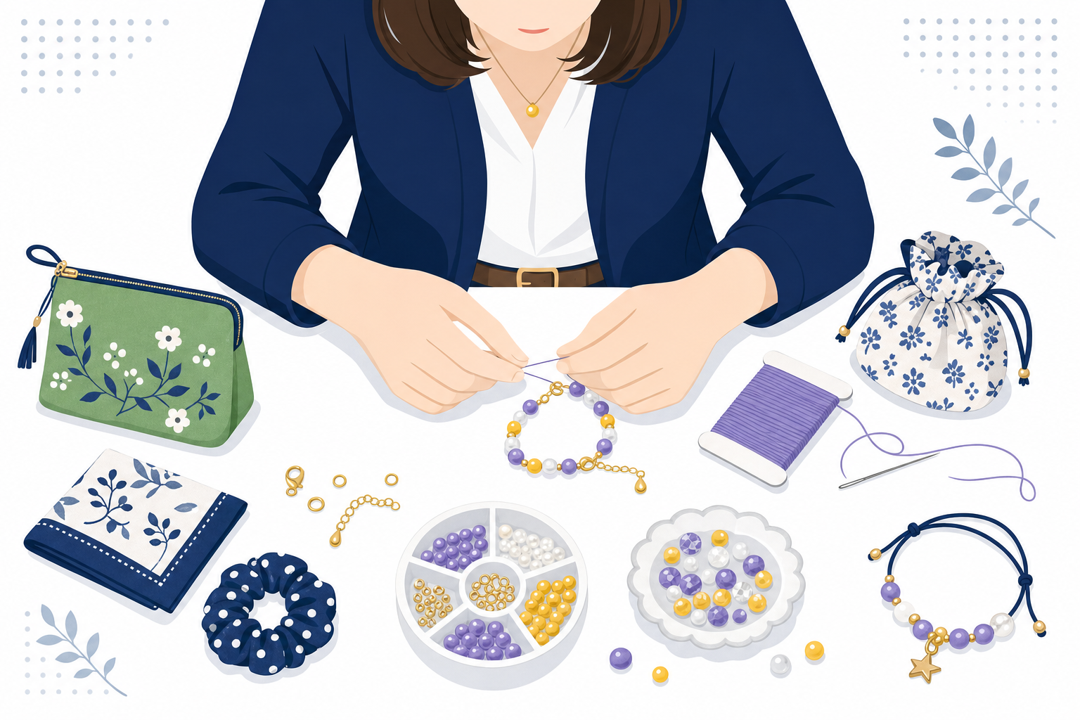 明るいテーブルの上でアクセサリーを手作りしている30代の日本人女性の手元。完成した布小物とビーズが周囲に並んでいる