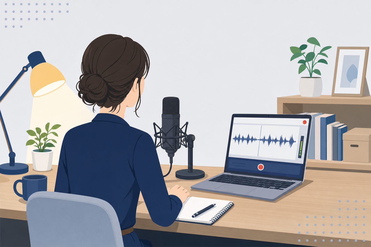 自宅の整頓されたデスクでカメラを向かいに置かず、マイクの前でナレーション録音をしている30代の日本人女性。顔出しなしで運用するイメージ