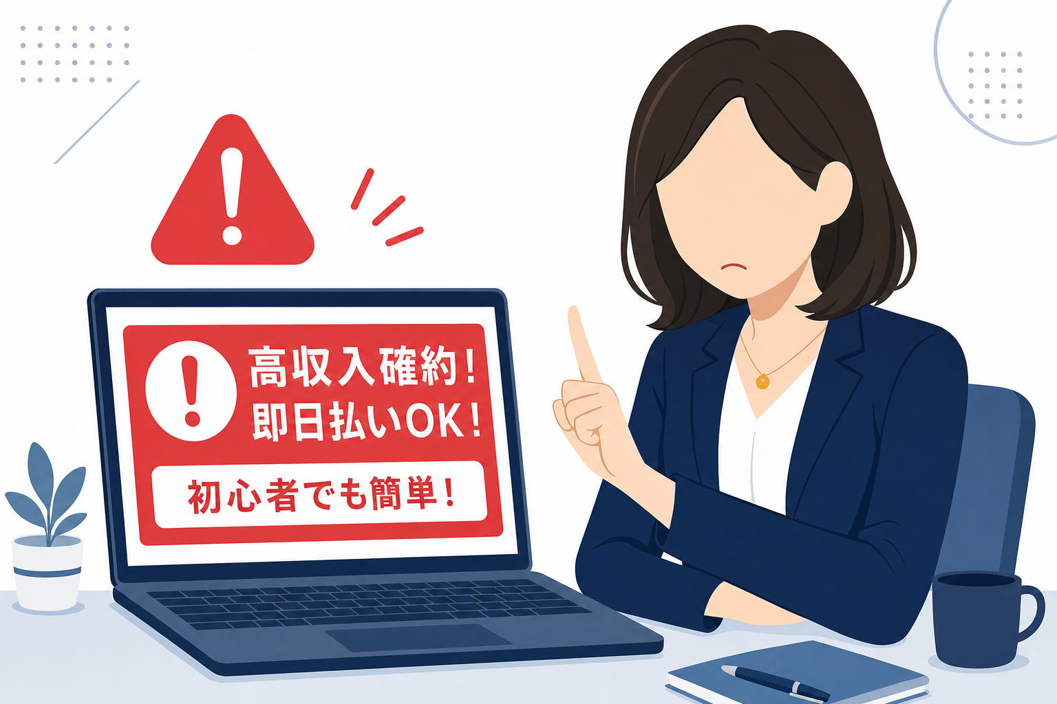 パソコン画面に「初期費用」「月30万保証」といった怪しい広告が表示され、それを見て眉をひそめている30代の日本人女性。画面に向かって指をとめているシーン
