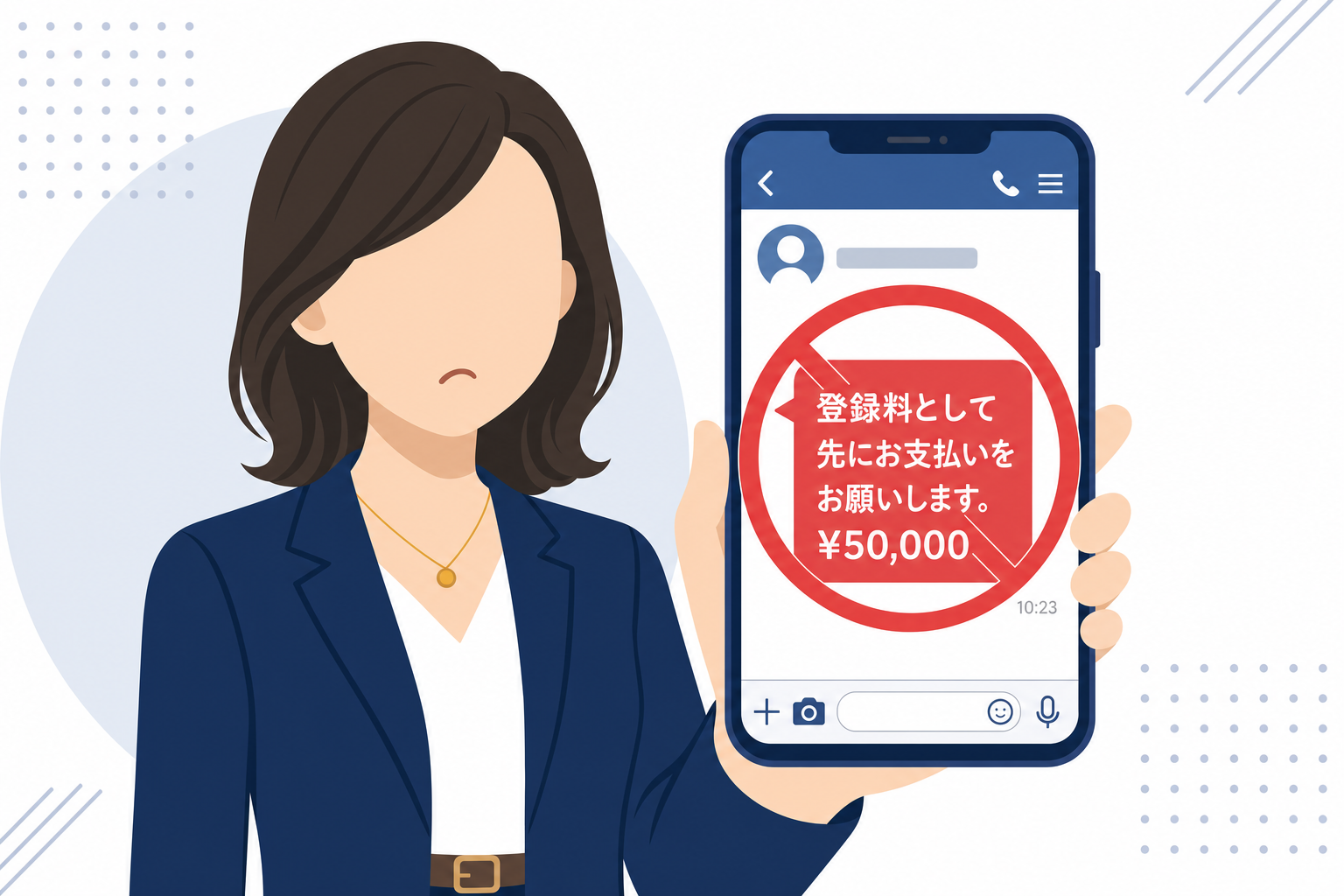 スマートフォンのチャット画面に「登録料5,000円をお振り込みください」というメッセージが表示されており、それを見て怪訝そうな顔をしている30代の日本人女性