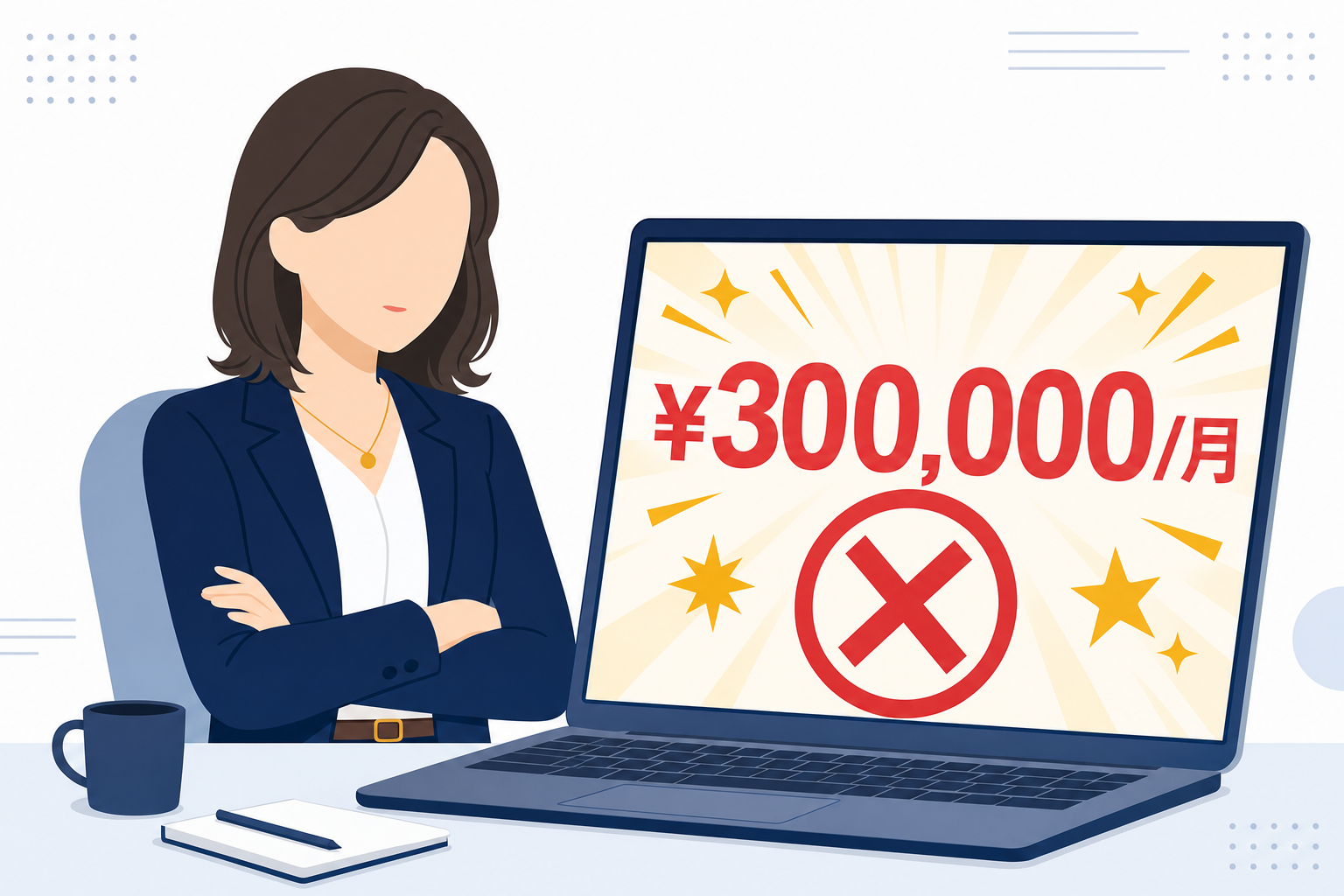 「1日1時間で月30万円!」という誇大な広告バナーが表示されたパソコン画面を、冷静な目で見つめている30代の日本人女性