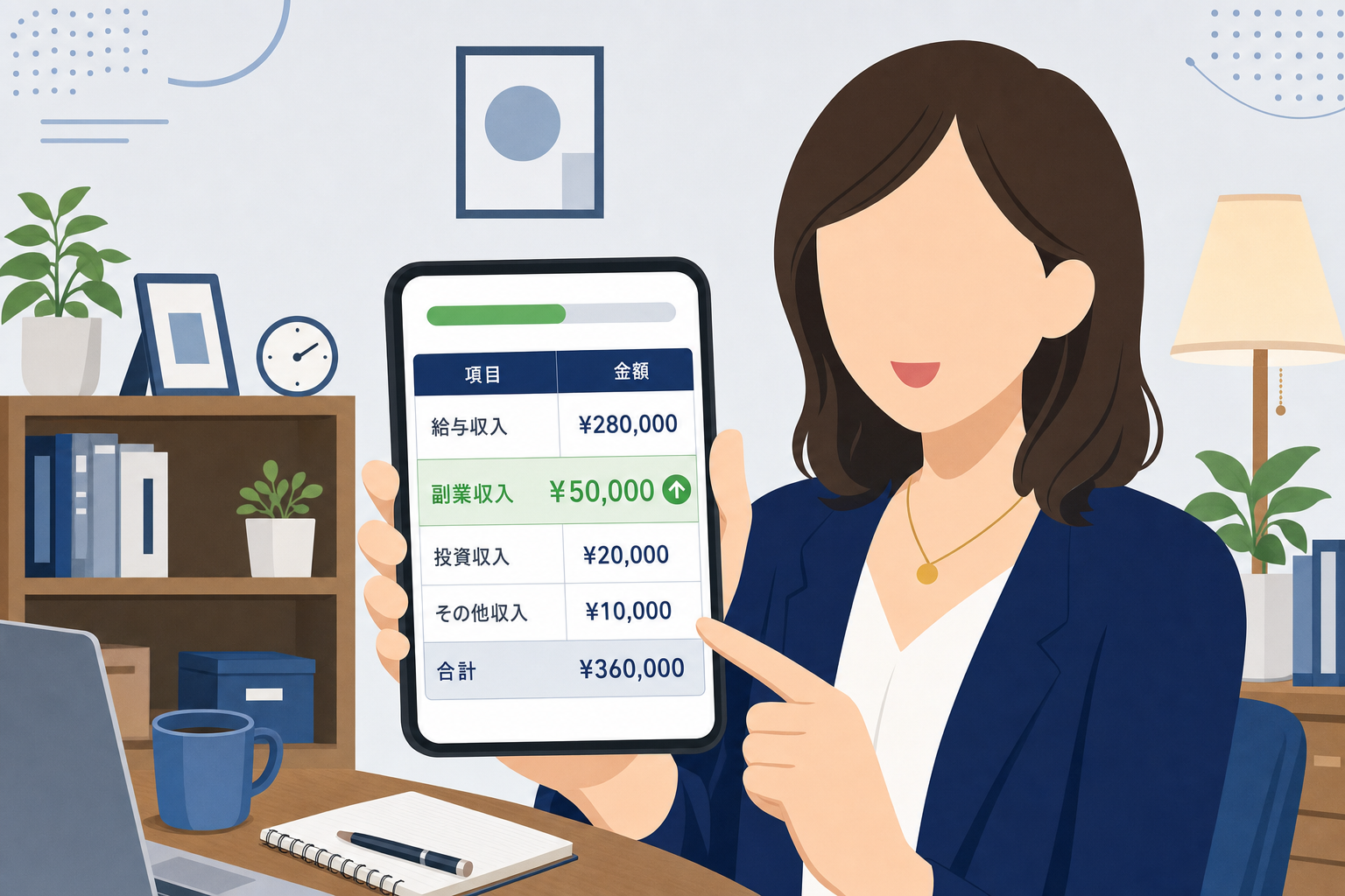 家計簿アプリや収入管理の表に「副業収入5万円」と入力しながら、満足そうな表情で画面を見ている30代の日本人女性