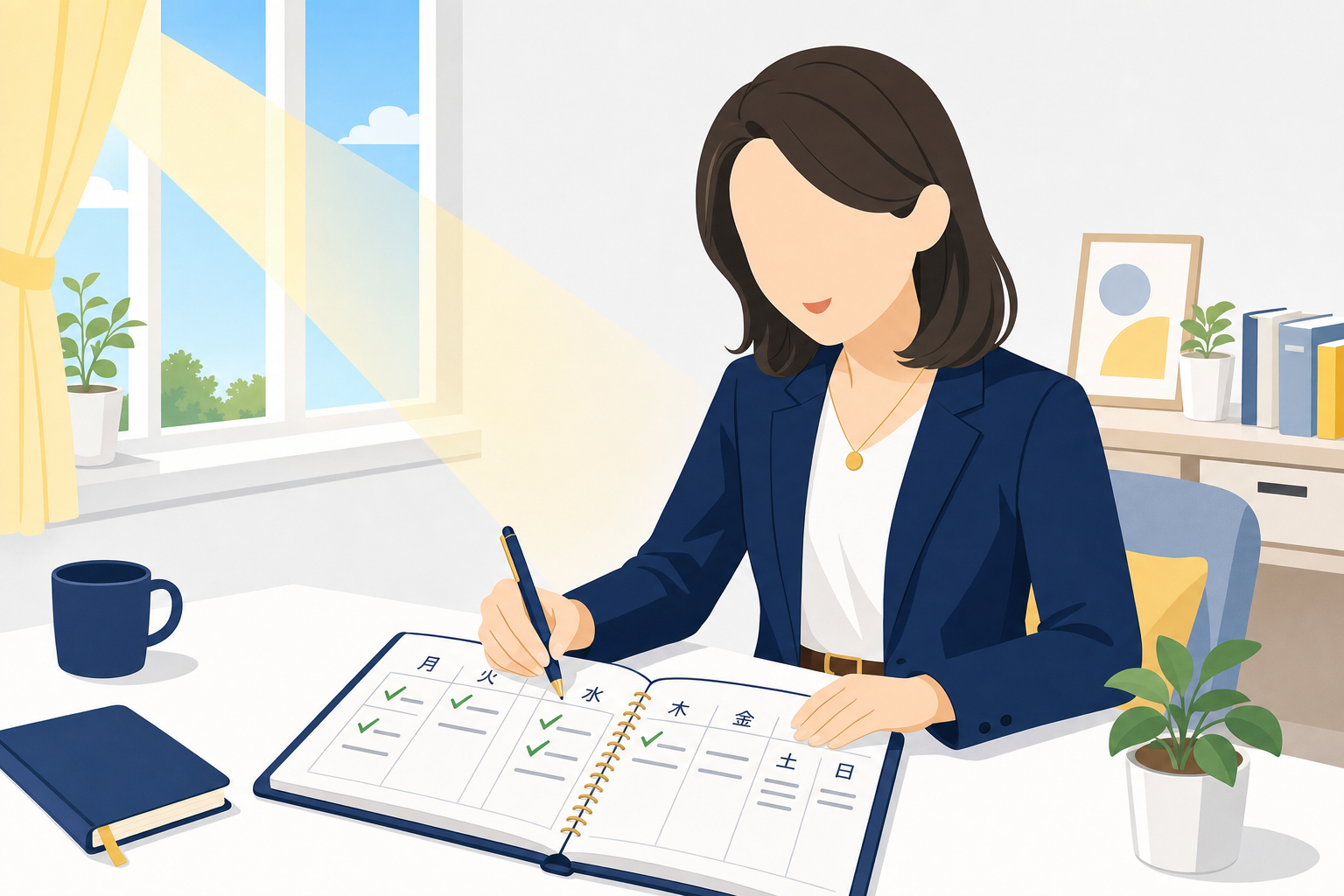 手帳を広げてこれからの行動計画を書き出し、穏やかで前向きな表情をしている30代の日本人女性。窓から朝の光が差し込んでいる