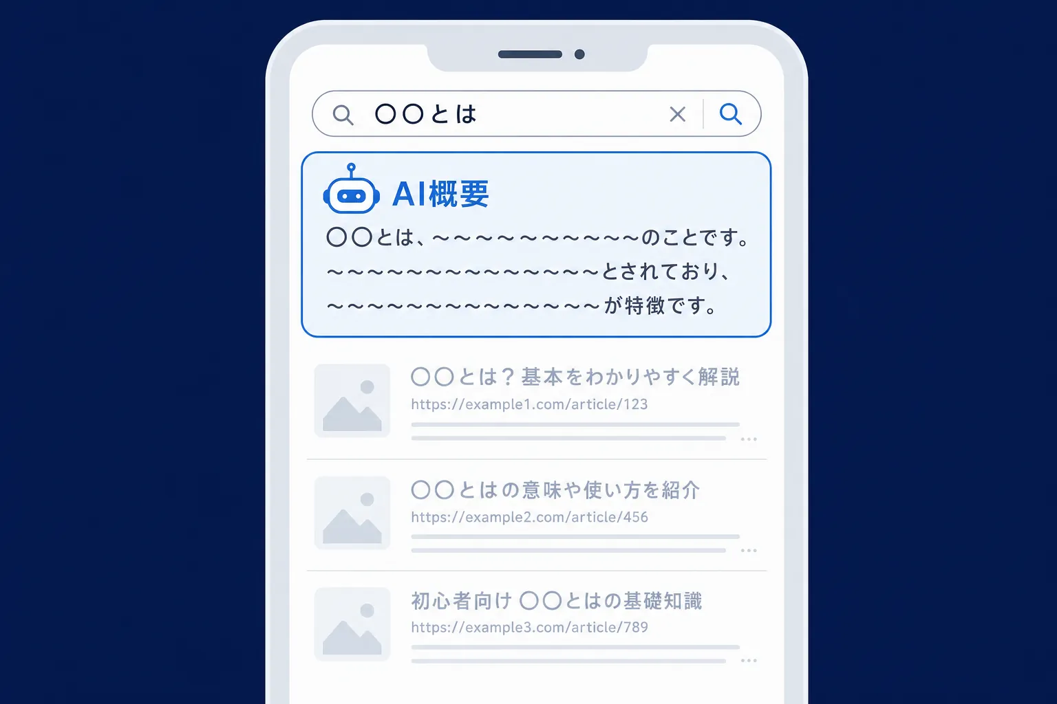 「〇〇とは」と検索した画面で、記事の一覧より先にAIによる概要が表示されている様子
