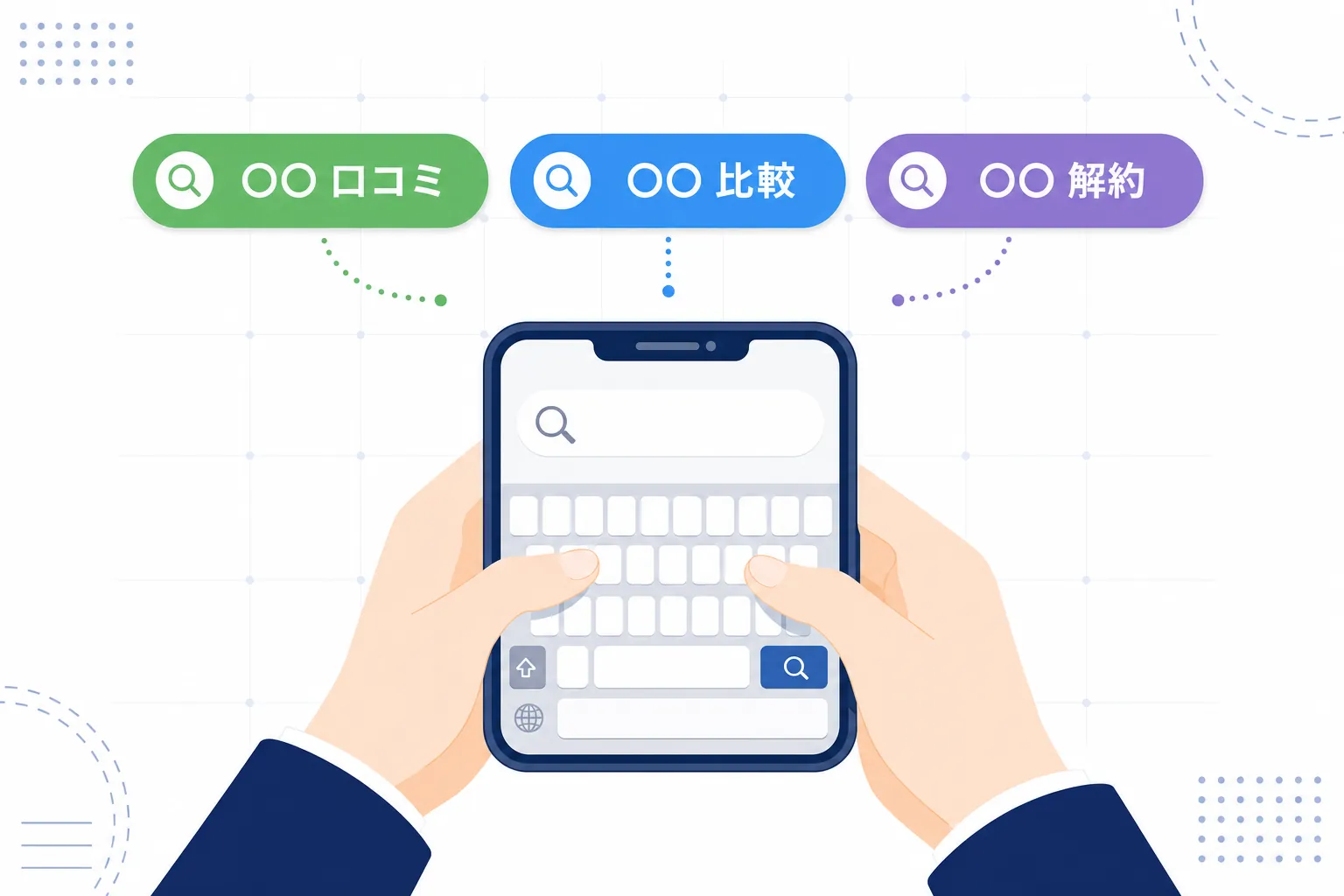 「〇〇 口コミ」「〇〇 比較」「〇〇 解約」と検索窓に打ち込む手元