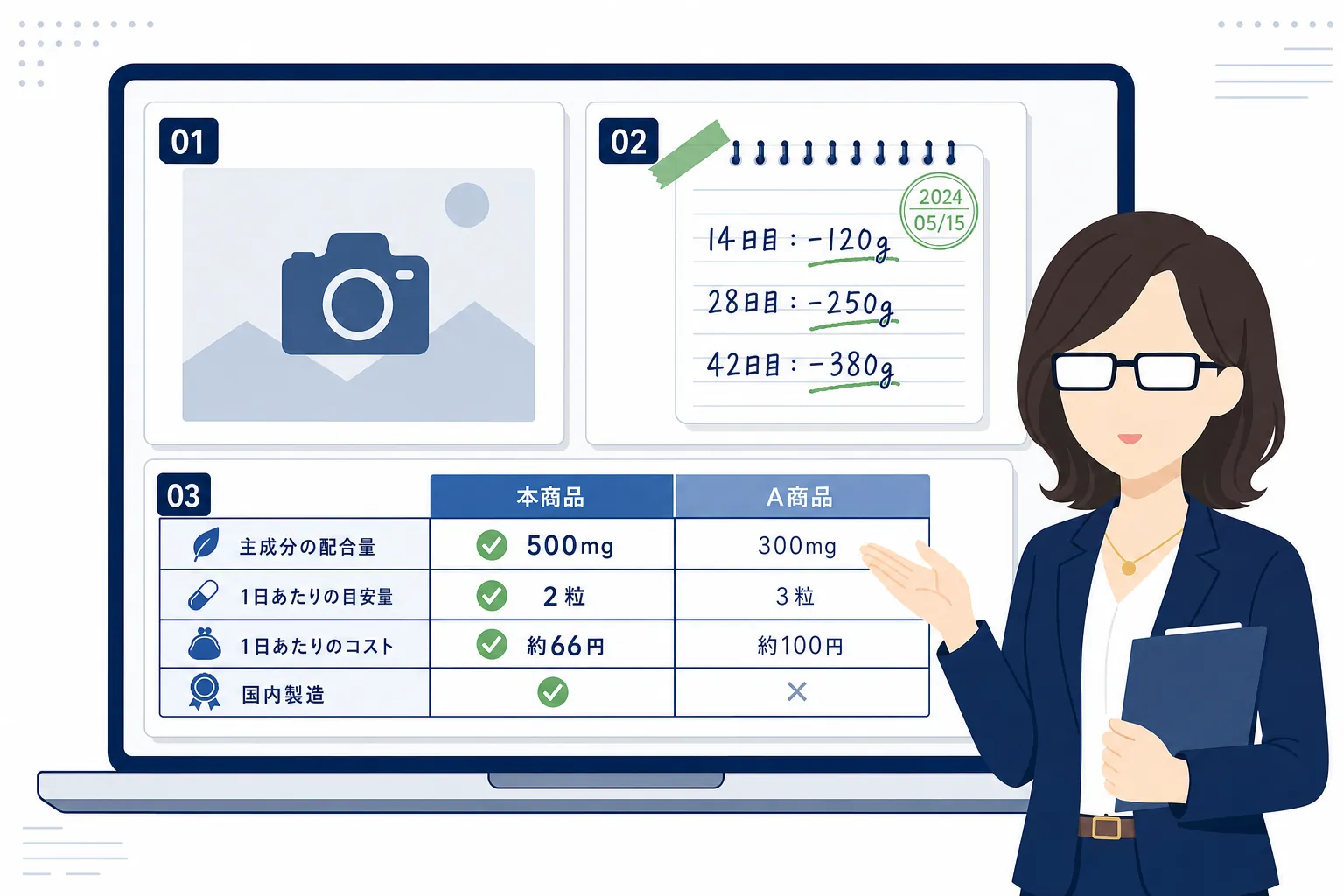 商品の写真、測定結果のメモ、比較表が並んだレビュー記事のイメージ