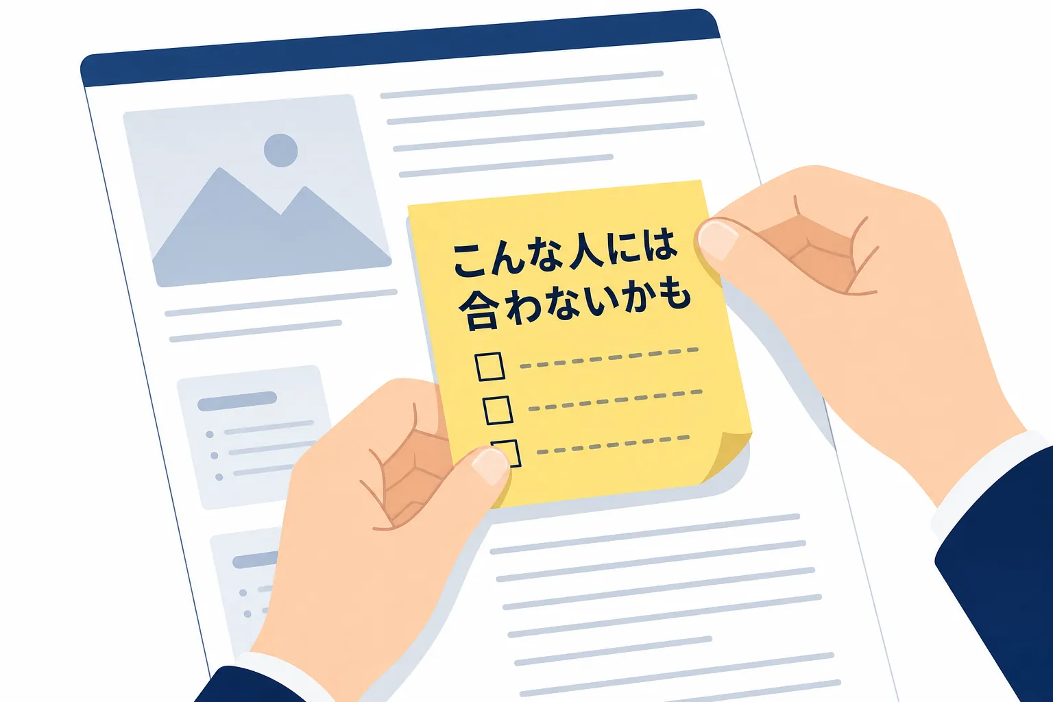 「こんな人には合わないかも」と書かれた付箋を記事に貼る手元