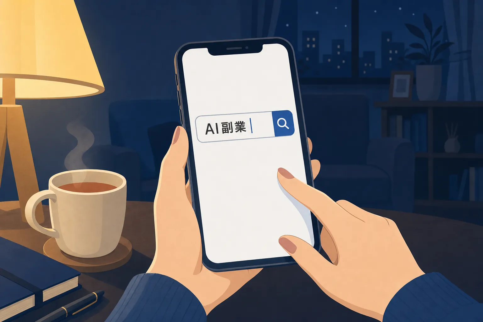 夜のリビングでスマホに「AI 副業」と打ち込み、少し不安そうに画面を見つめる女性の手元