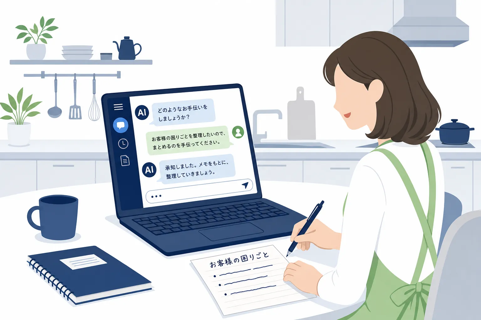 エプロン姿の女性がノートパソコンでAIと会話しながら、依頼者の困りごとメモを整理しているシーン