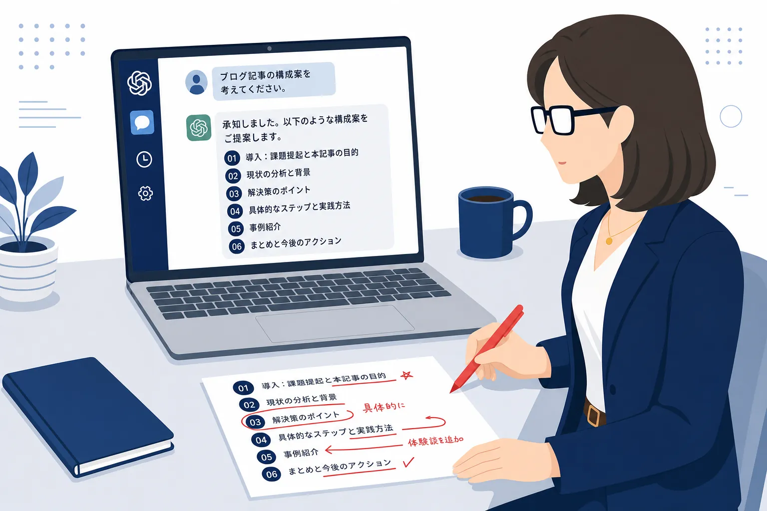 ChatGPTで記事の構成案を作り、女性が赤ペンで手直しをしているノートパソコン画面