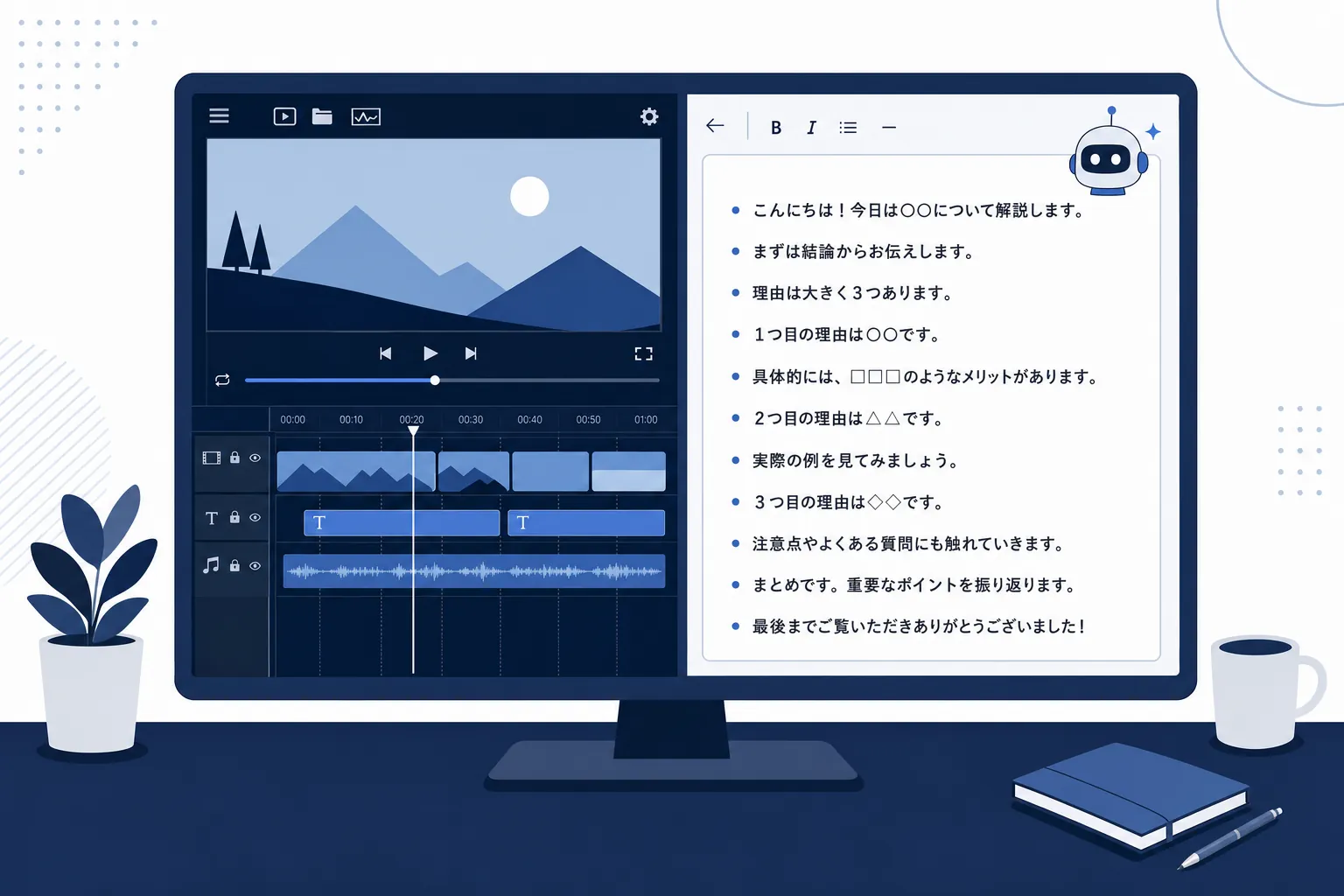 動画編集ソフトのタイムラインと、AIが書き出したYouTube台本の下書きが並んだ画面