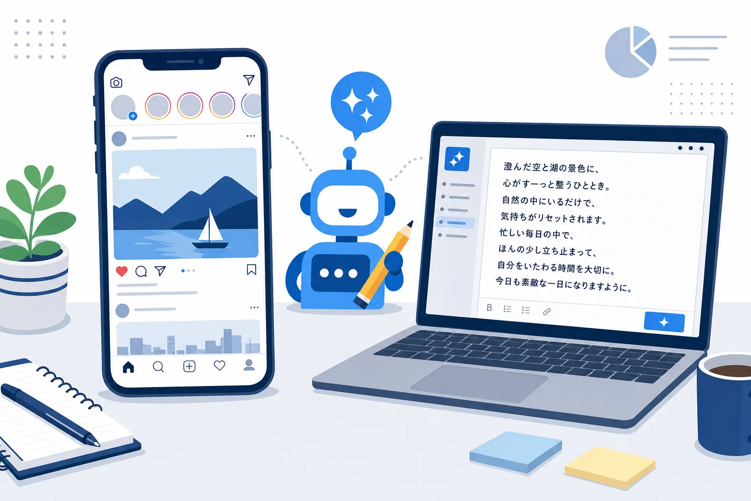 スマホのInstagram画面と、AIで作った投稿文の下書きが並ぶデスク