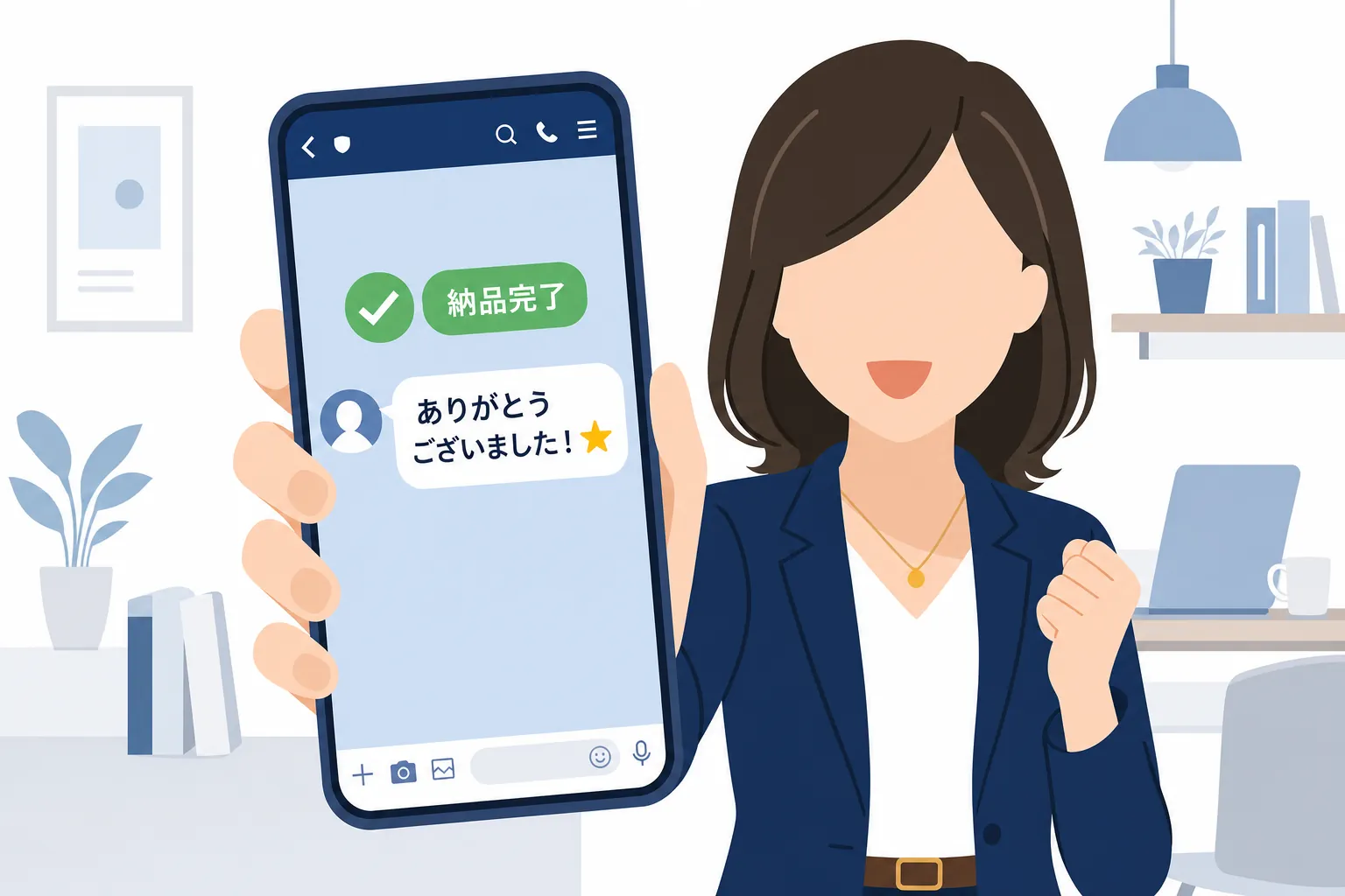 初めての納品完了メールと「ありがとうございました」のメッセージが届いたスマホ画面