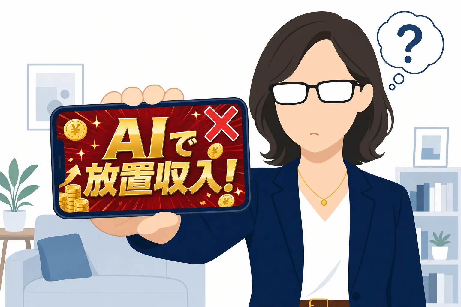 スマホに届いた「AIで放置収入!」という派手なメッセージを、冷静に見つめる女性