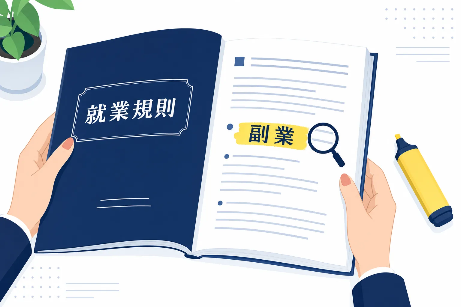 会社の就業規則の冊子を開き、「副業」の項目にマーカーを引いている手元