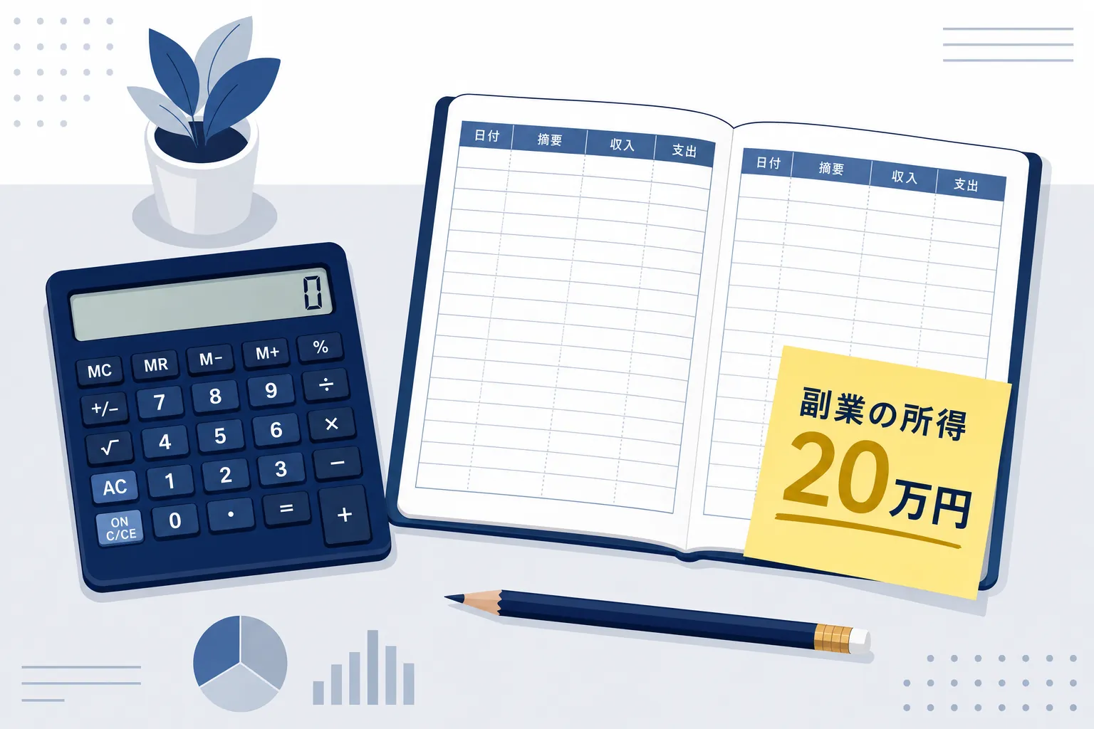 電卓と帳簿ノート、「副業の所得20万円」と書かれた付箋が並ぶデスク