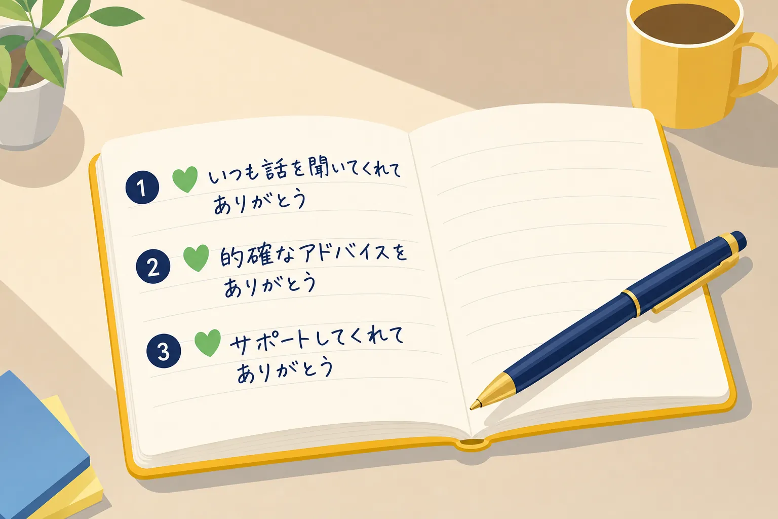 ノートに書かれた3つの「ありがとうと言われたこと」と、そっと置かれたペン
