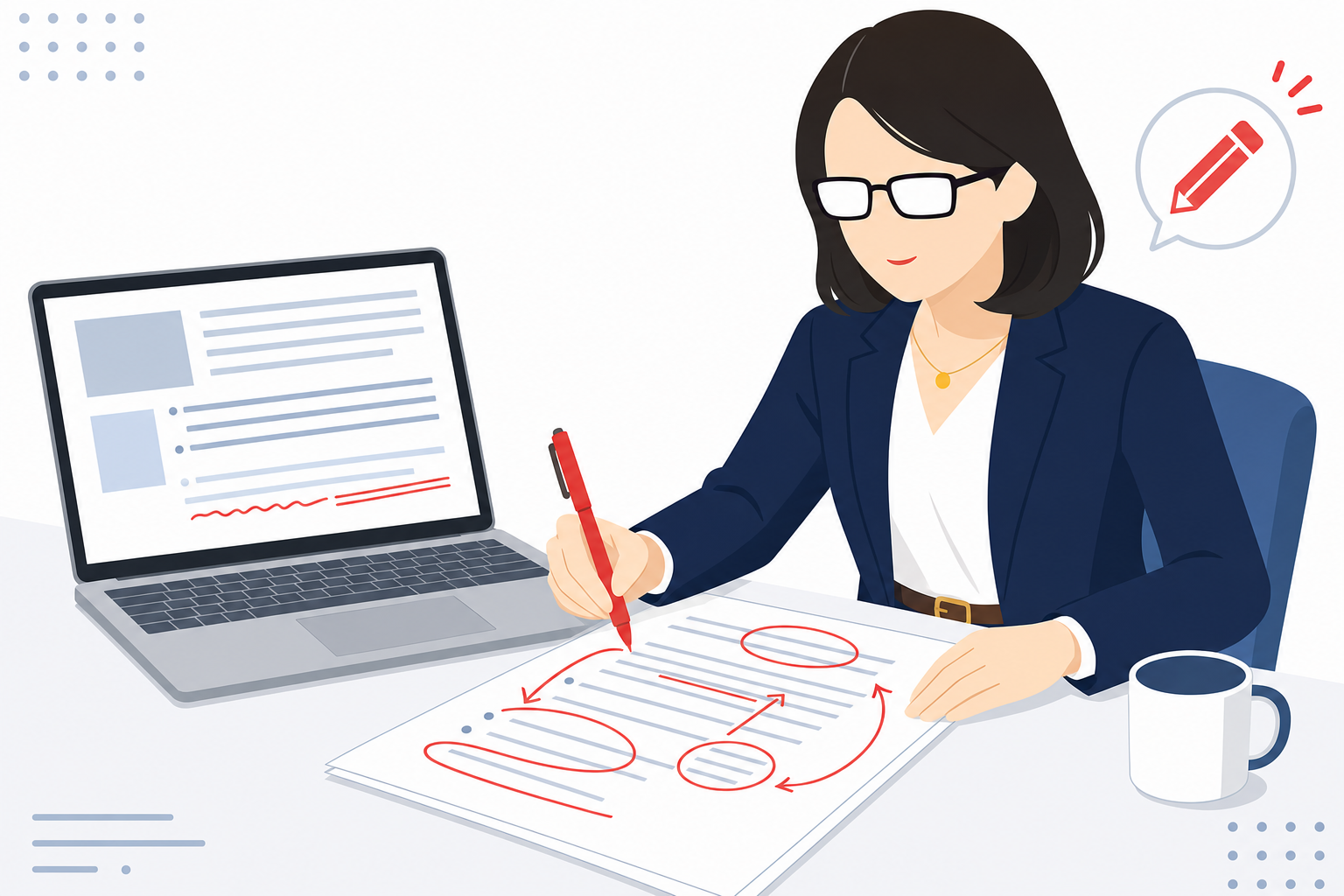 AIの返答を読んで赤ペンで修正指示を出しているイメージ、主体的な編集作業シーン