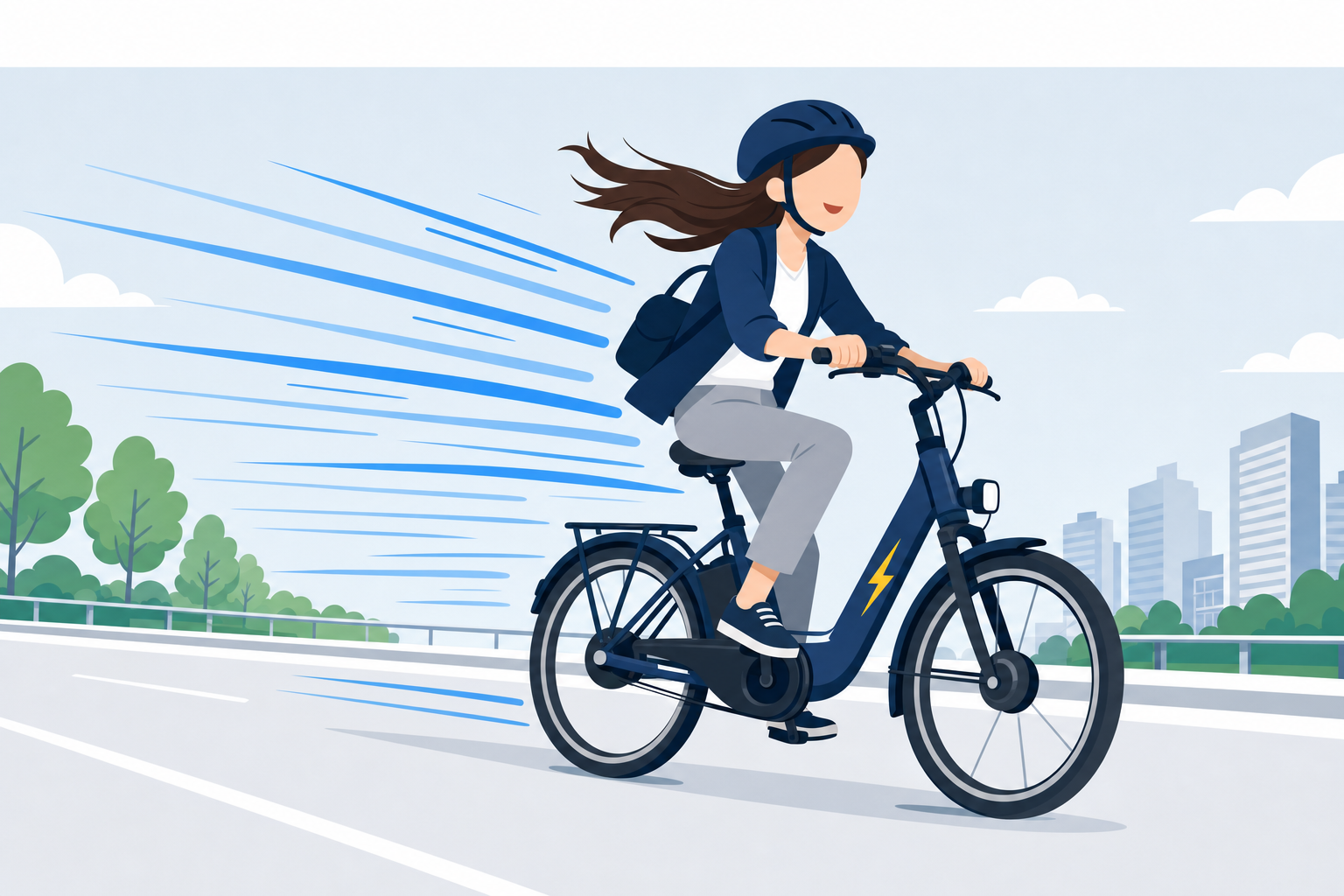 電動自転車を使って風を切って走る人のイメージ、楽しそうで前向きな雰囲気