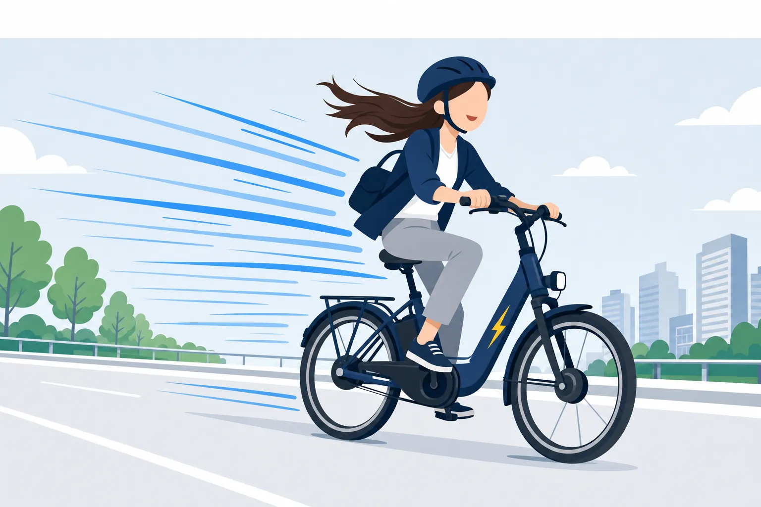 電動自転車を使って風を切って走る人のイメージ、楽しそうで前向きな雰囲気