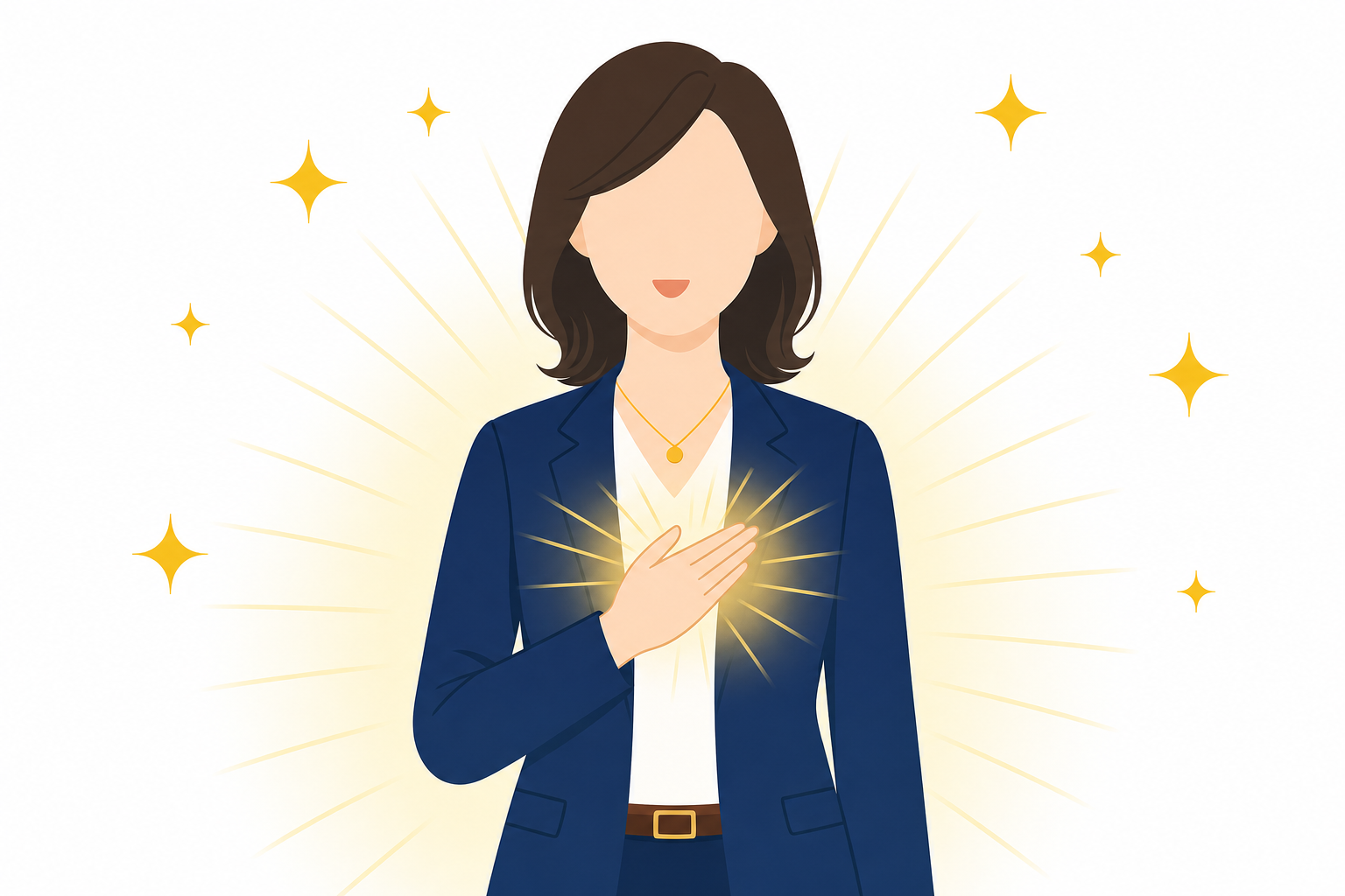 自分の内側にある輝くものに気づいた人のイメージ、温かく前向きな雰囲気