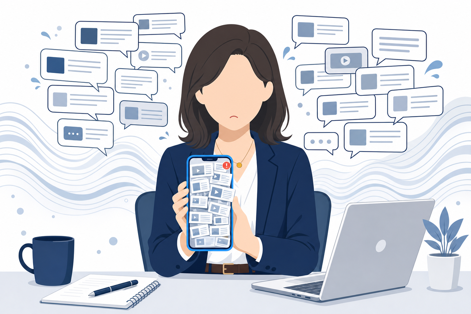 スマホを手に考え込む女性。画面には情報があふれているが、どれを選べばいいか迷っている表情