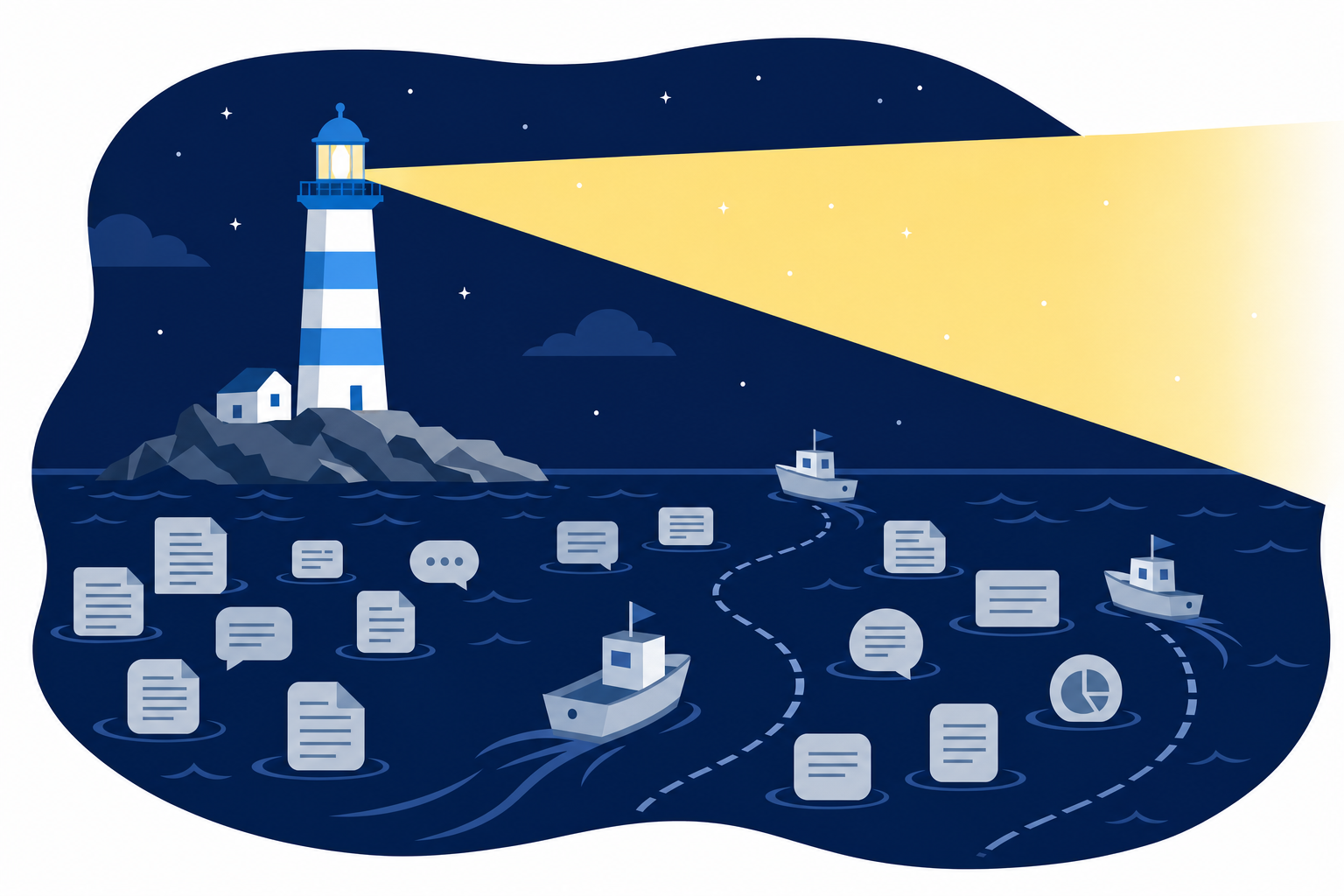 暗い海の中で灯台が光っているイメージ。情報の海で基準となる存在の比喩