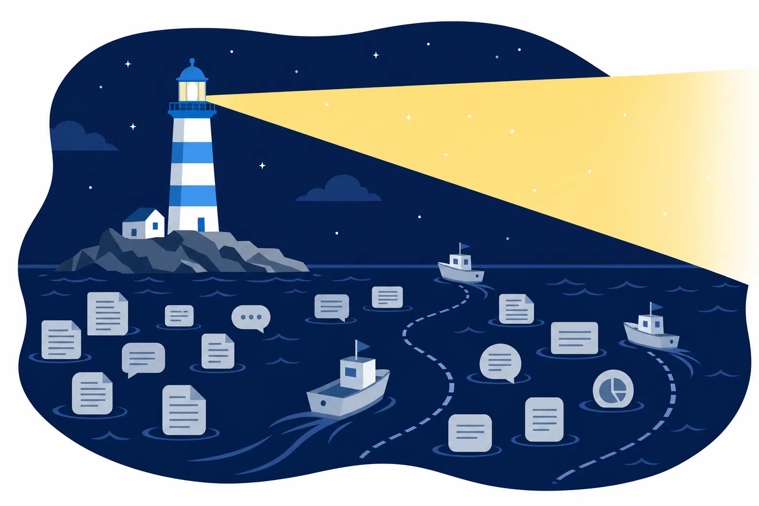 暗い海の中で灯台が光っているイメージ。情報の海で基準となる存在の比喩