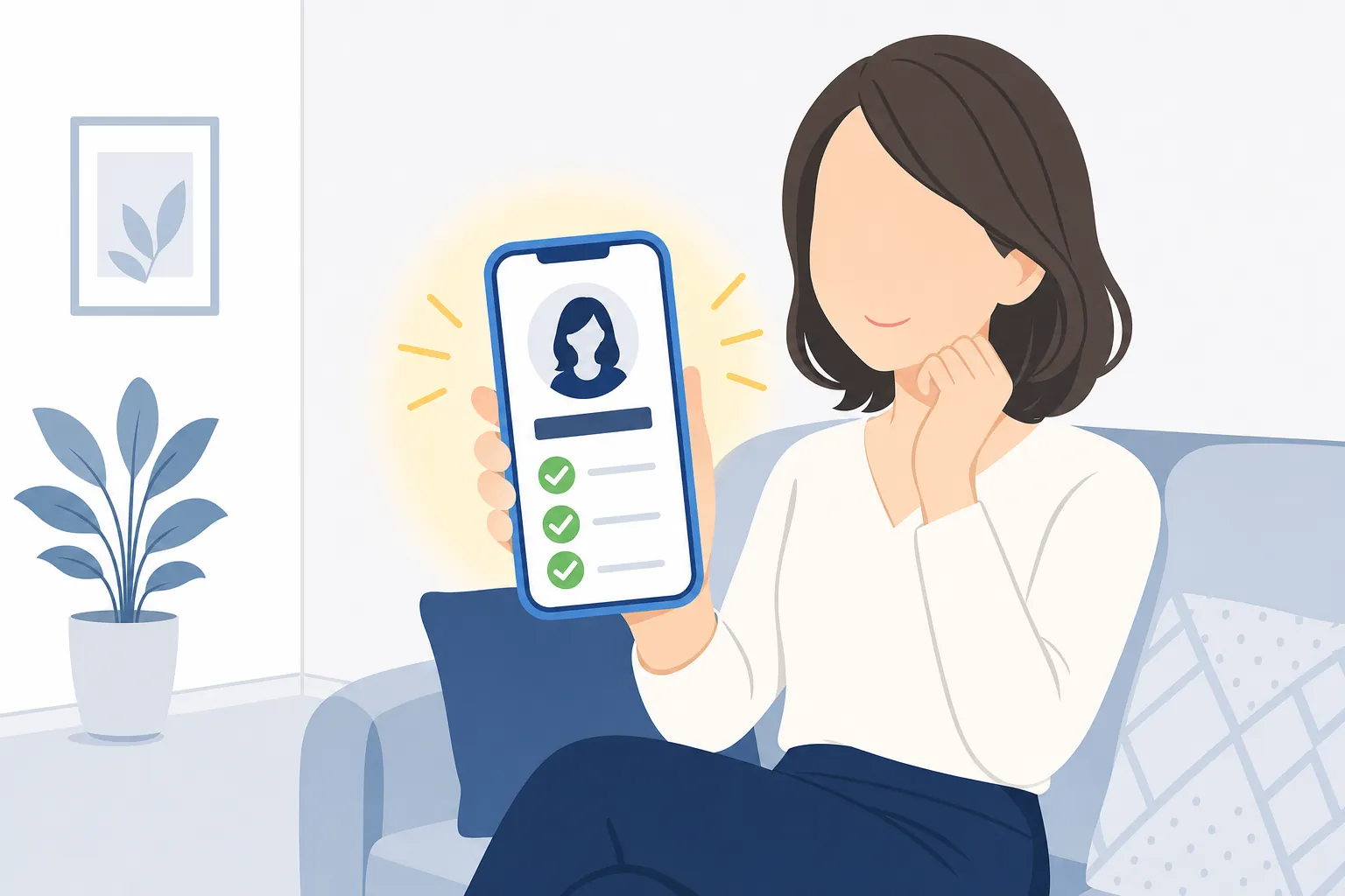 「この人の言葉なら信じられる」と安心した表情で画面を見ている女性のイメージ