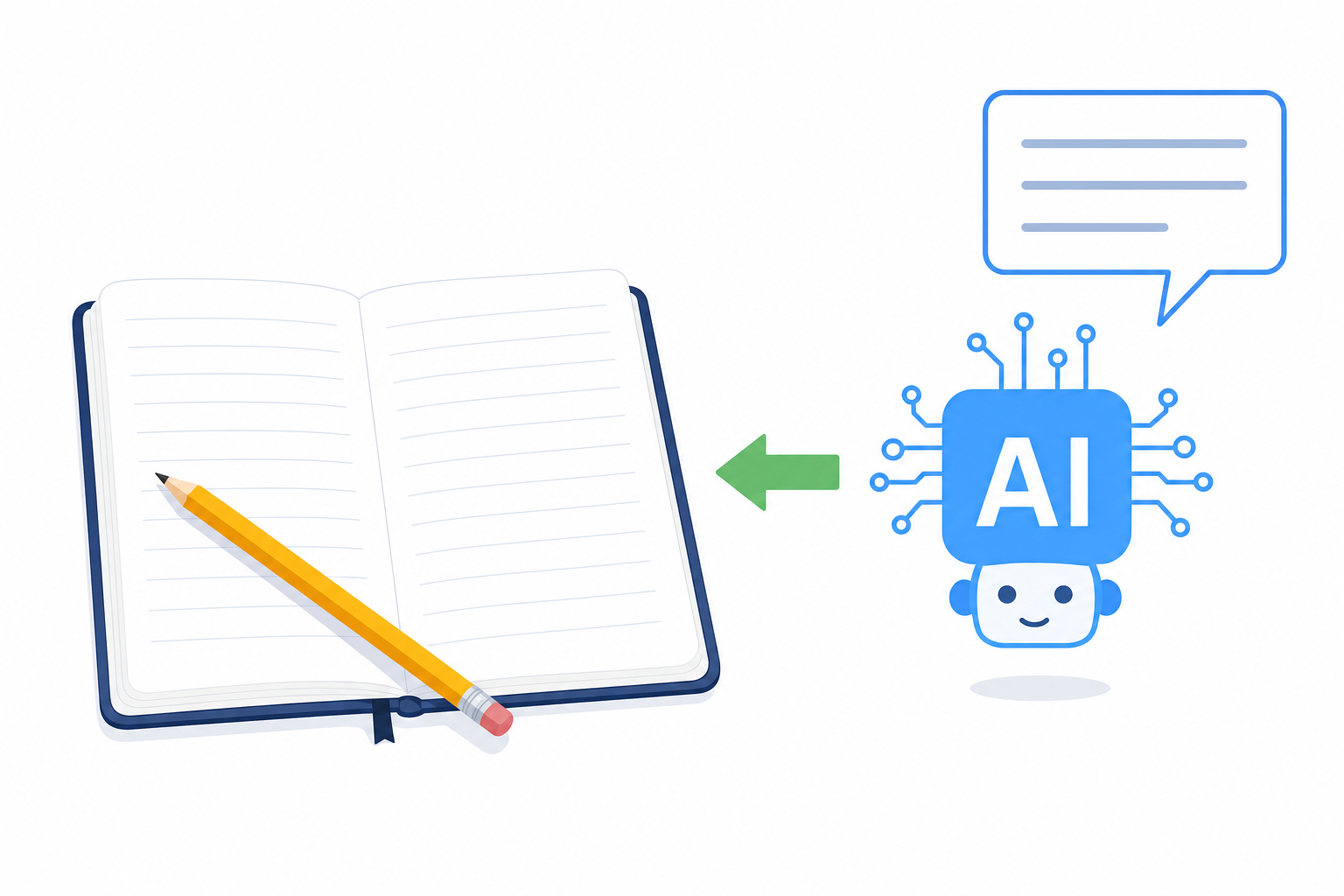 白紙のノートと鉛筆のそばにAIのアイコンが置かれている構図。たたき台を作るイメージ