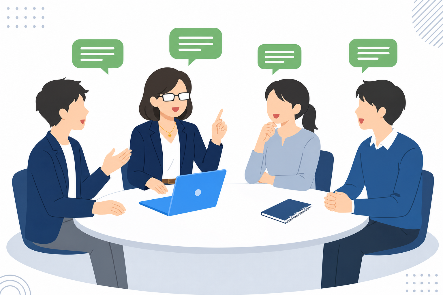 複数の人が集まって話し合っているシーン。顔の表情が見える距離感のイメージ