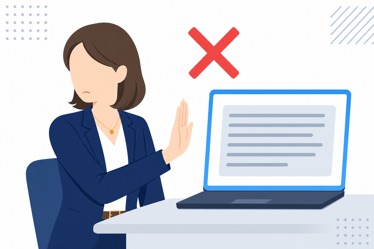 AIが生成した文章を人間が読んで「これは違う」と首を振っているイメージ