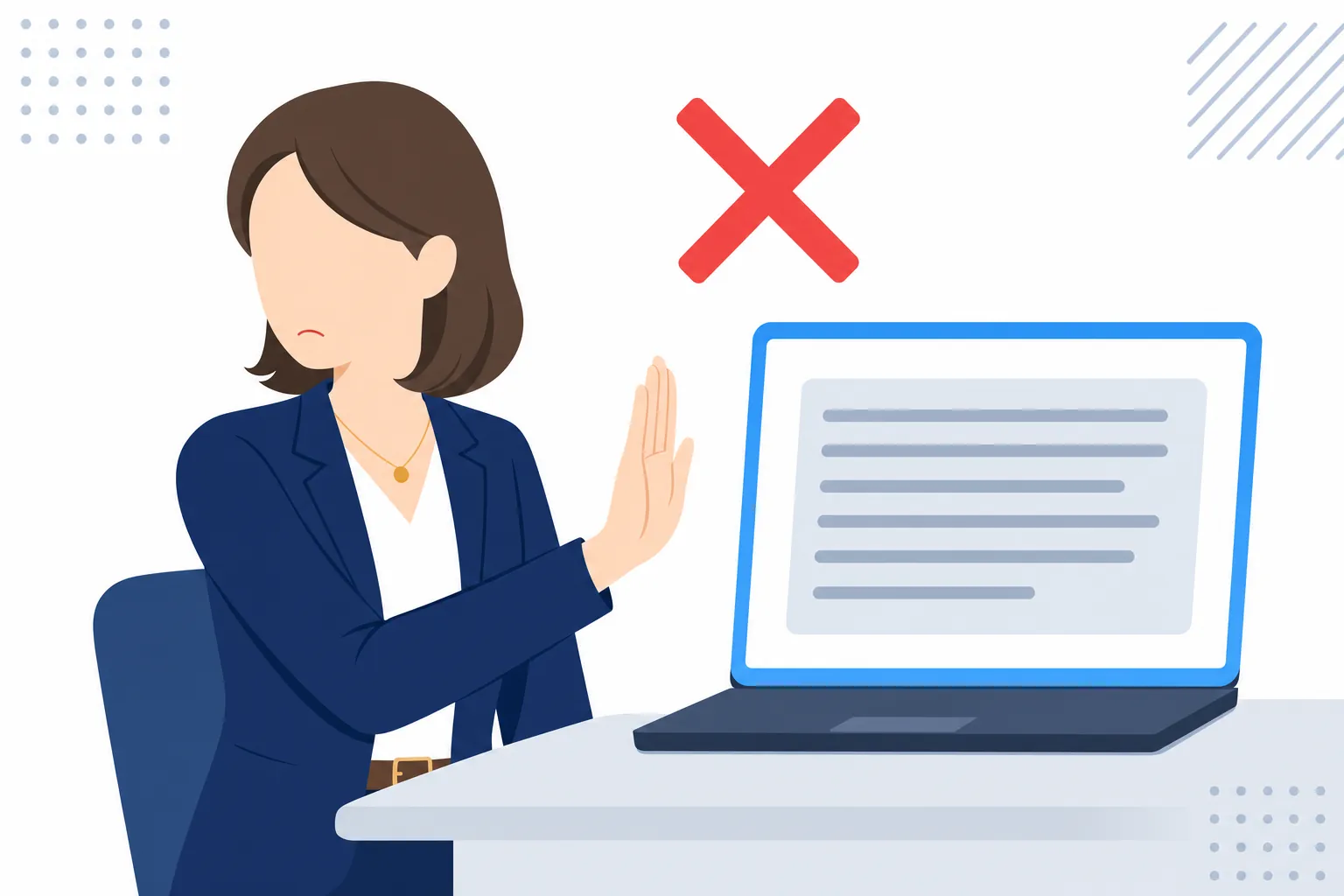 AIが生成した文章を人間が読んで「これは違う」と首を振っているイメージ