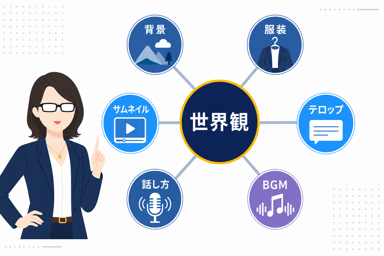 「世界観」という言葉を中心に、上記の演出要素が放射線状に広がるマインドマップ