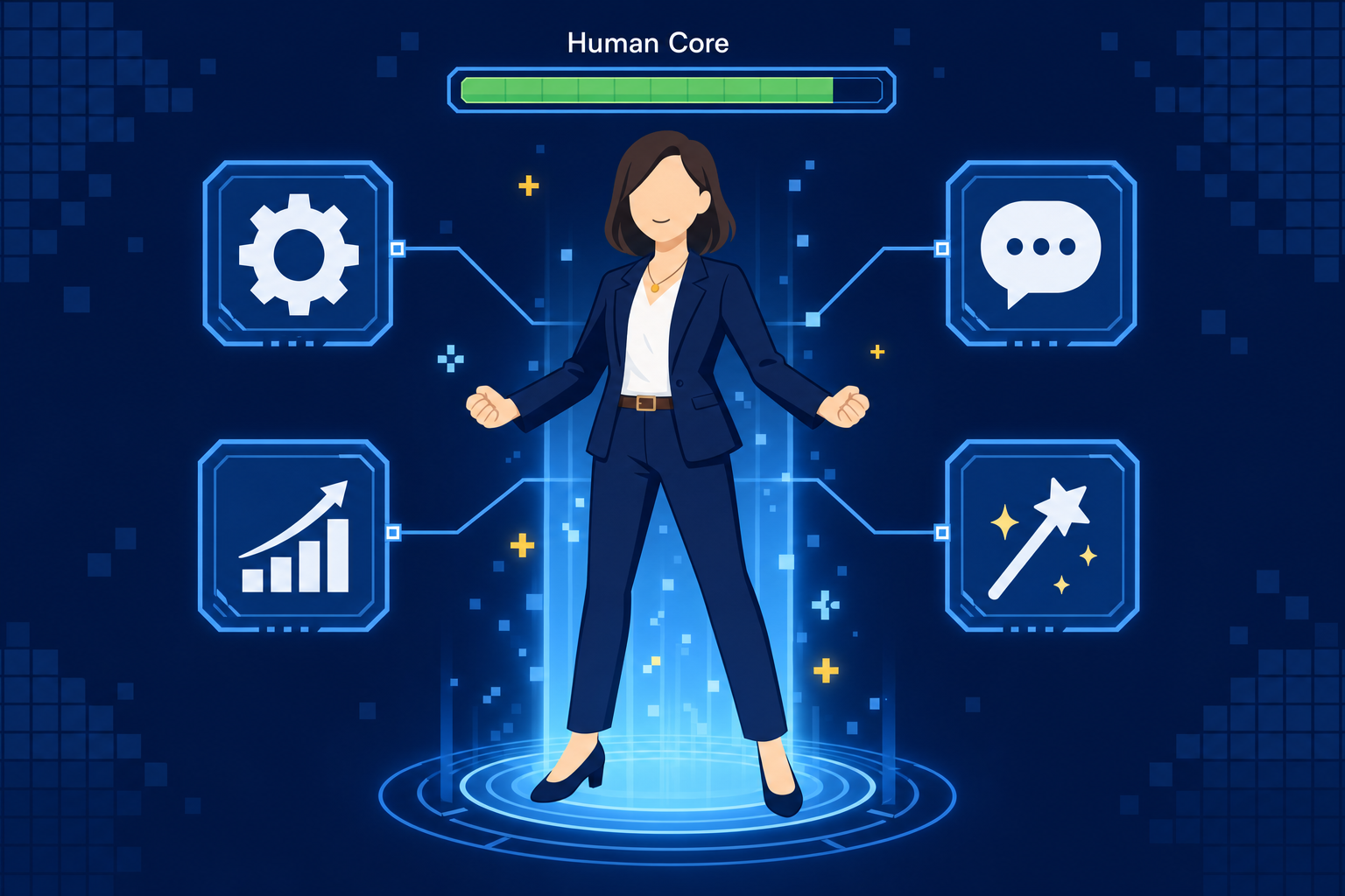 人間がAIという拡張アイテムを装備してパワーアップしているゲーム風イラスト