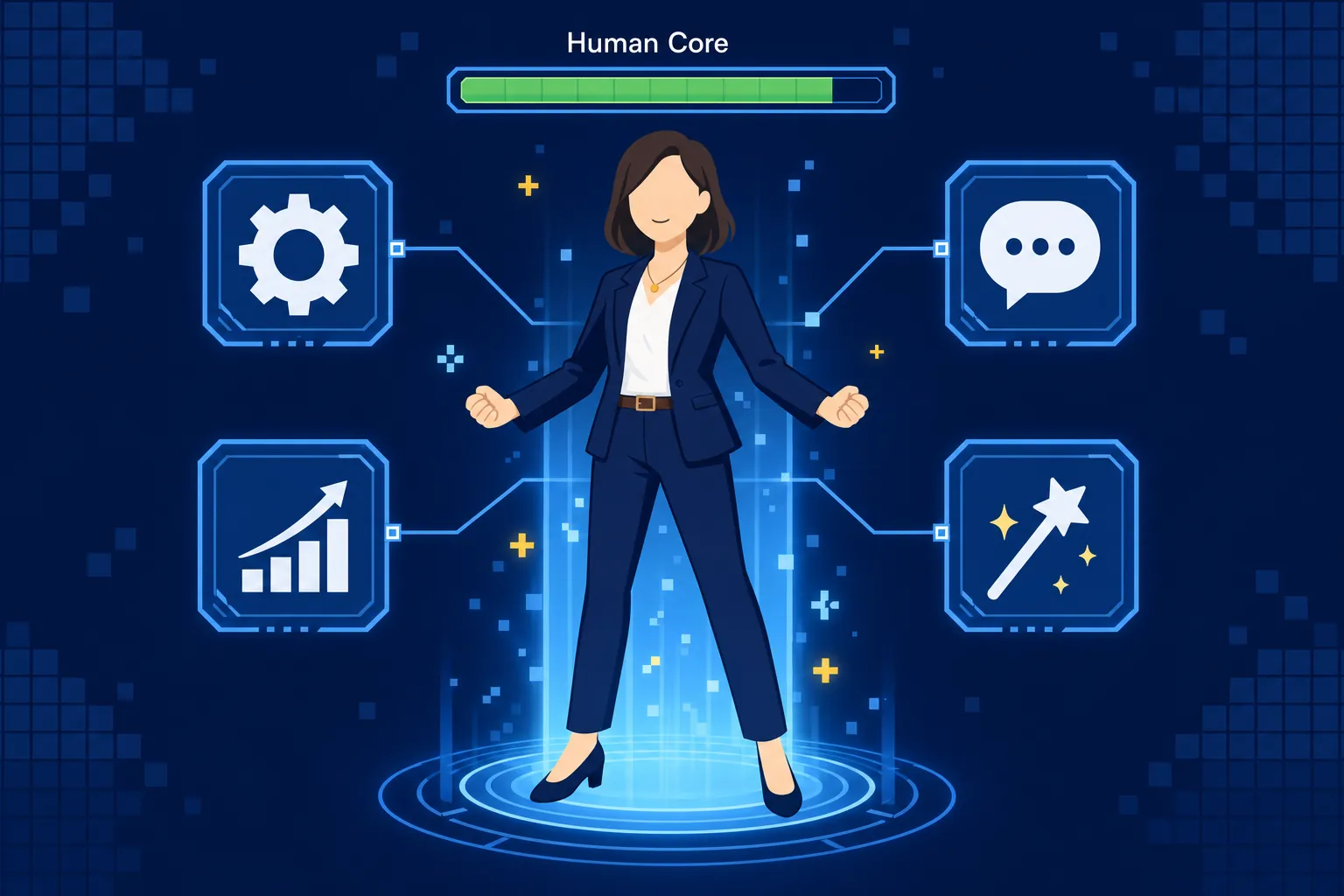 人間がAIという拡張アイテムを装備してパワーアップしているゲーム風イラスト