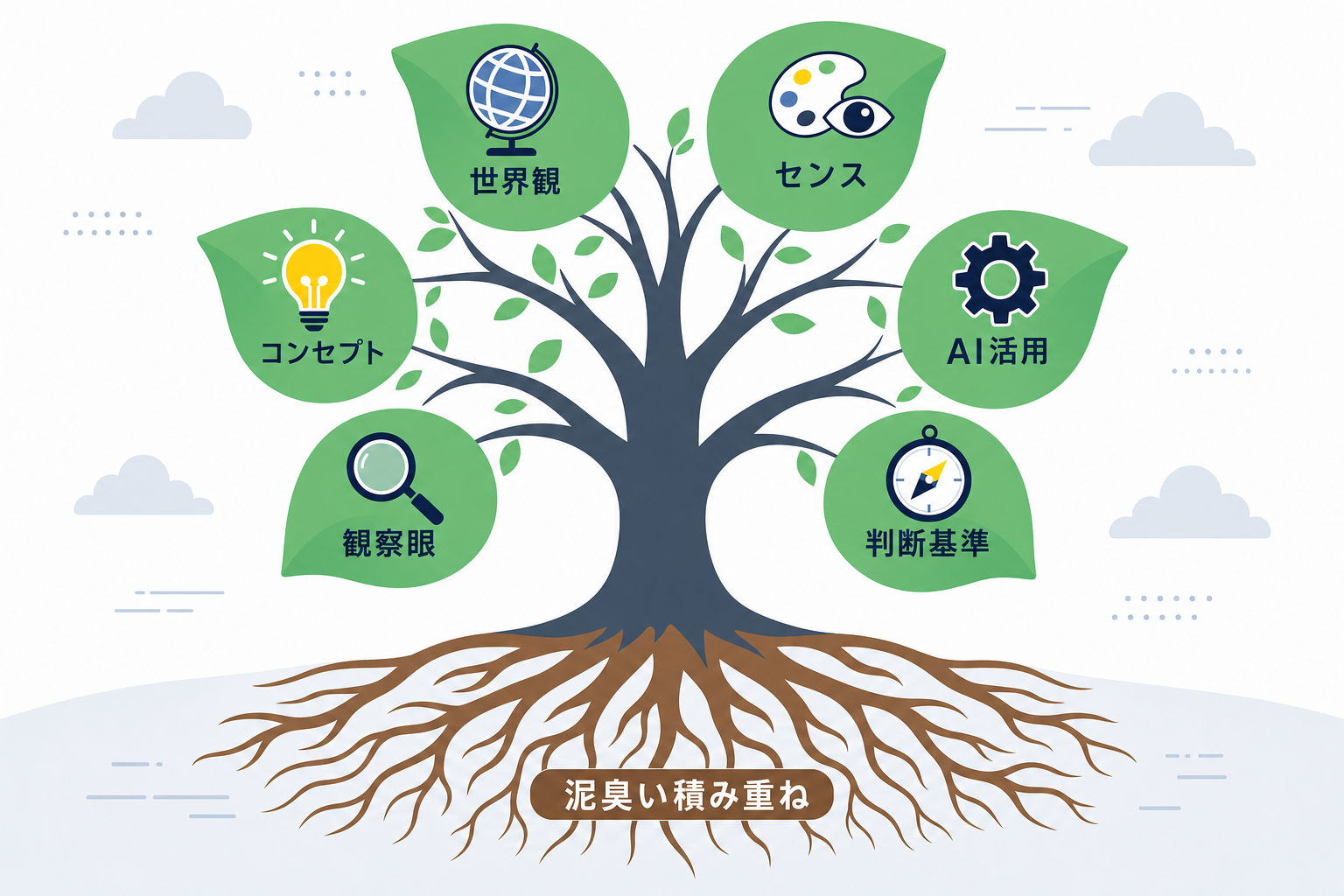 上記の6つの要素が葉っぱのように一本の木に実っているビジュアル。根っこには「泥臭い積み重ね」の文字