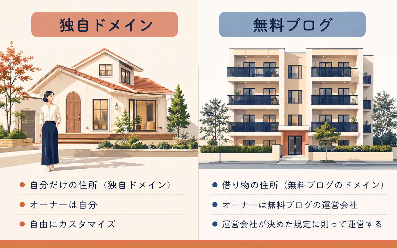 独自ドメイン・自分だけの住所(独自ドメイン)・オーナーは自分・自由にカスタマイズ・無料ブログ・借り物の住所(無料ブログのドメイン)・オーナーは無料ブログの運営会社・運営会社が決めた規定に則って運営する